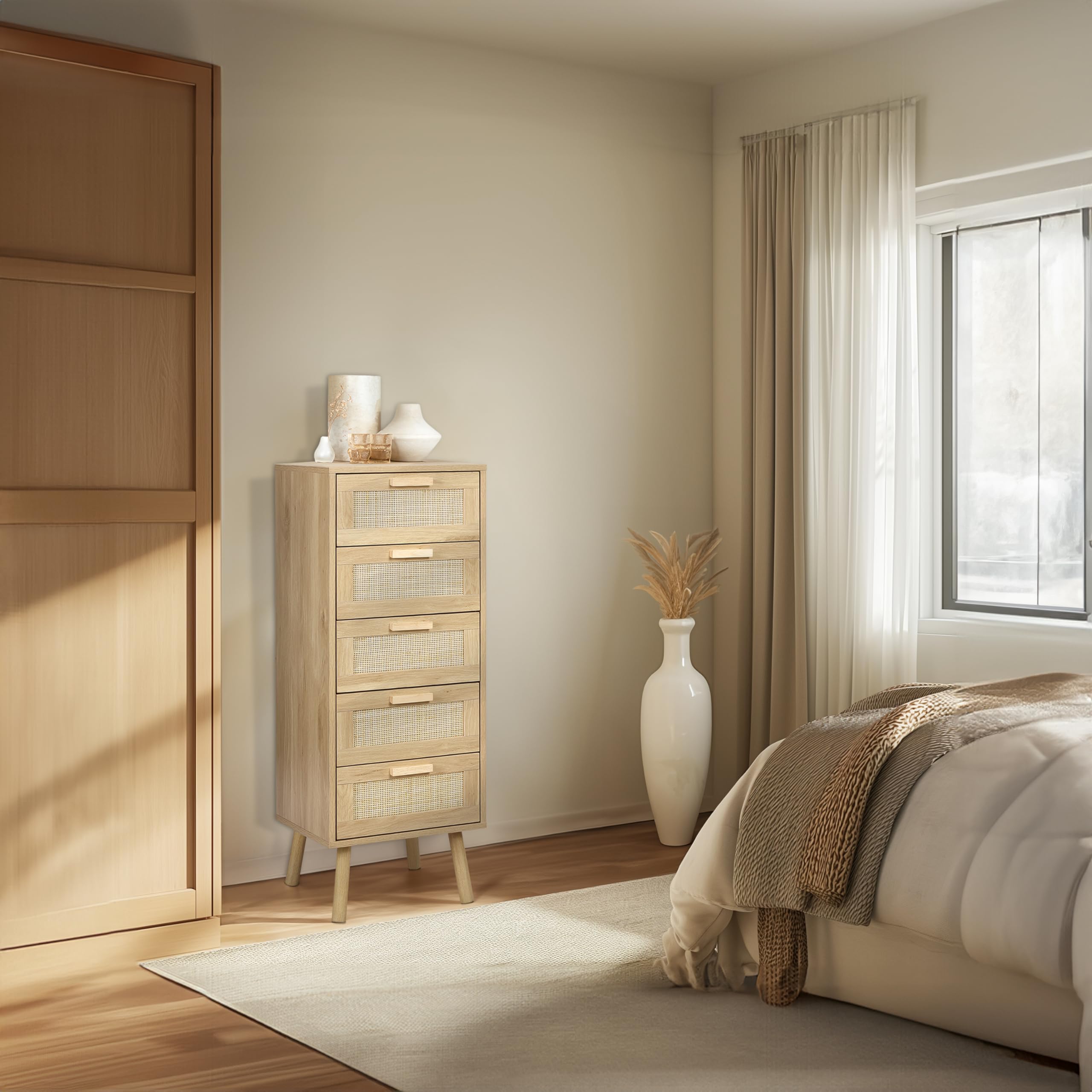Finnhomy 5-Drawer Rattan Chest of Drawers – Tall Boho Bedroom Dresser