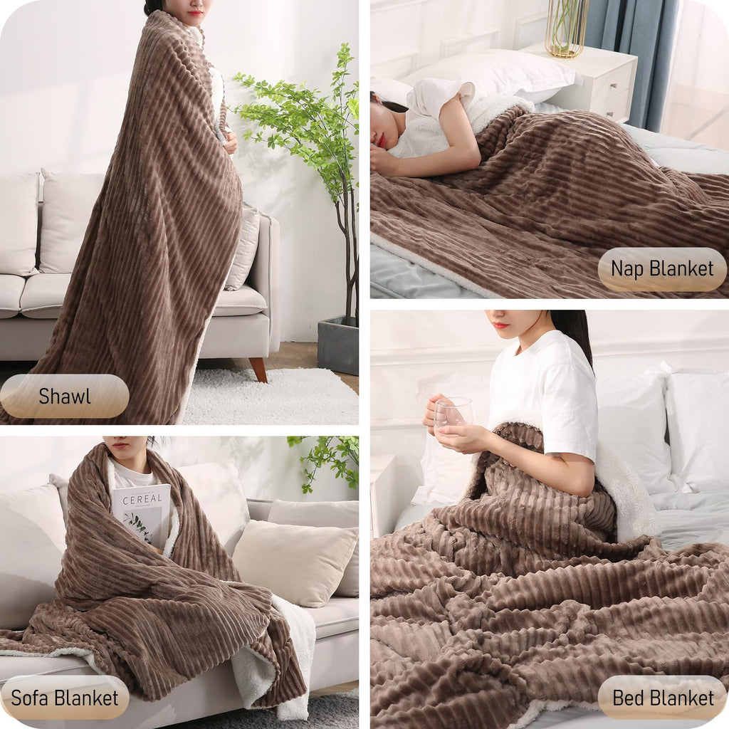 CURECURE Electric Heated Blanket – Ribbed Flannel & Sherpa Throw, 180x130cm