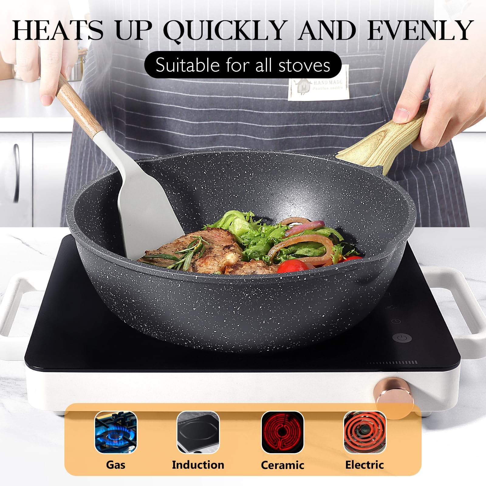 GiPP Nonstick Deep Frying Pan – 2.6L Grey Granite Saute Pan with Lid
