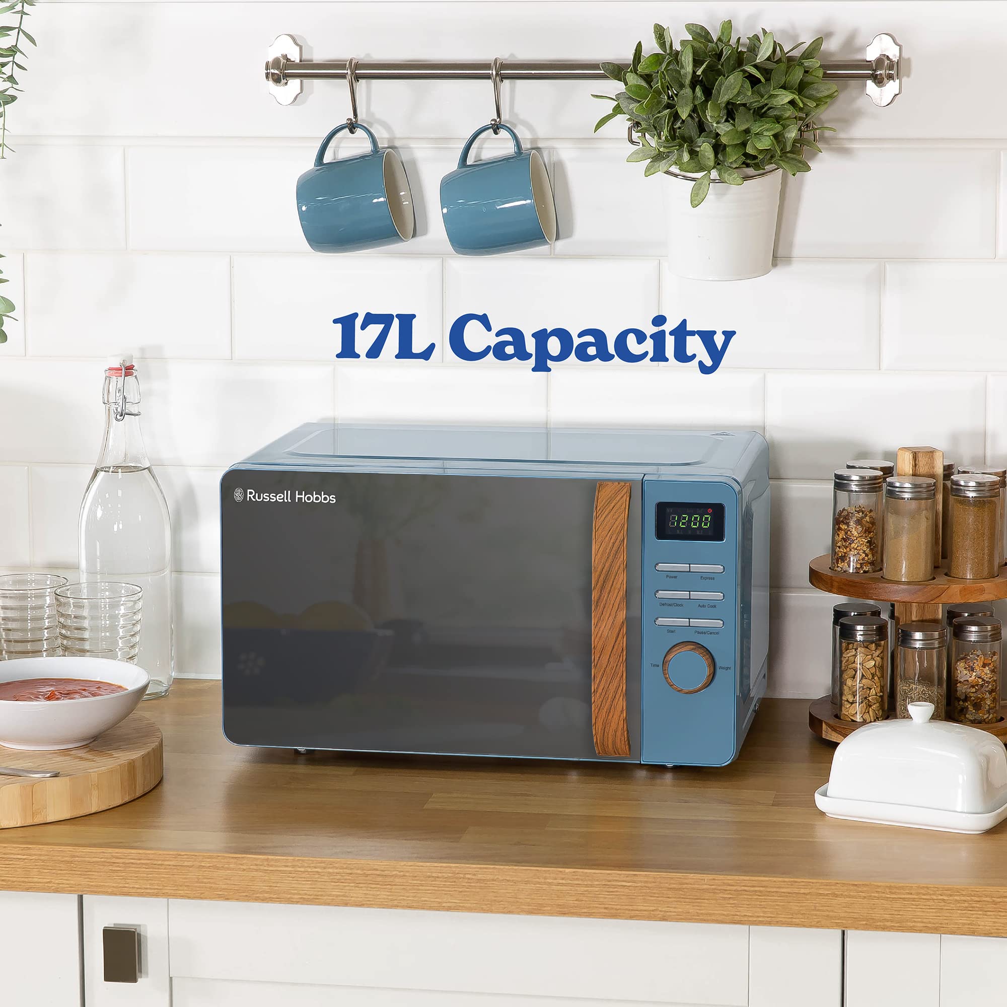 Russell Hobbs Scandi Digital Microwave – 17L 700W Blue with Wood Effect