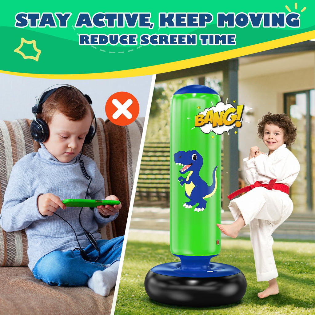 QPAU Inflatable Dinosaur Punching Bag - 48 Inch Kids Boxing Set for Ages 3-6