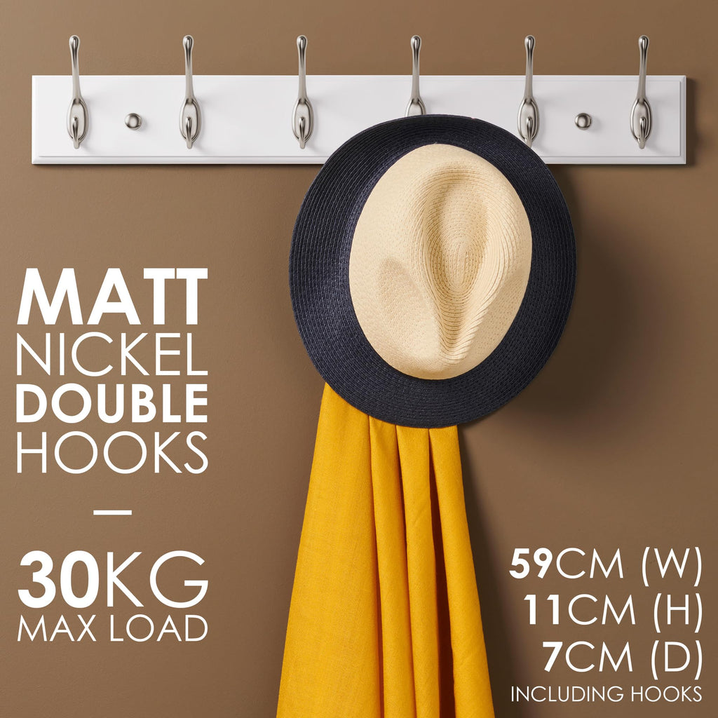 LARHN White Wall-Mounted Coat Rack - 6 Matt-Nickel Coat Hooks, 59cm - image 2