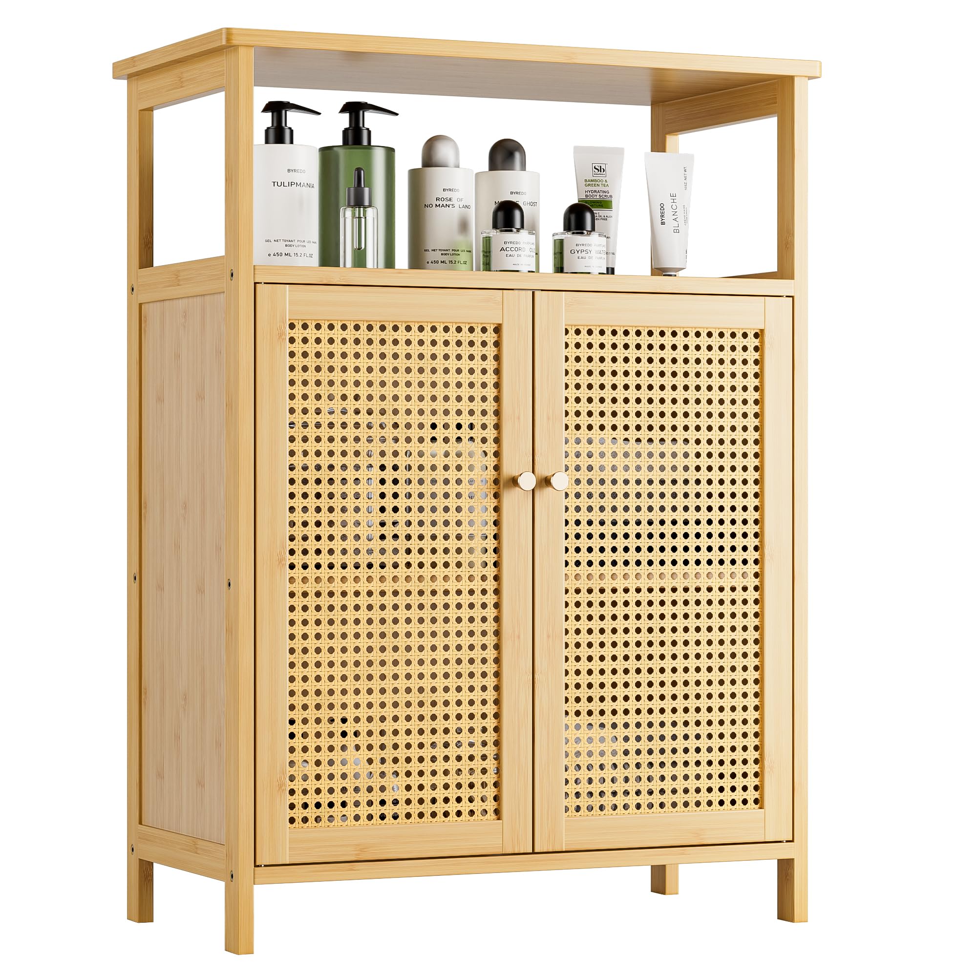 Vovala Bamboo Bathroom Floor Cabinet – Rattan Storage Organizer with Shelf