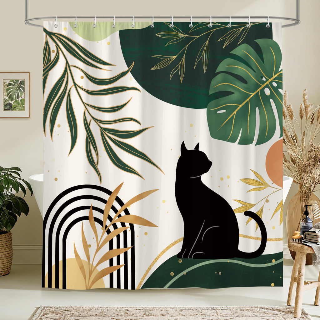 hometrixx Boho Black Cat Palm Leaf Sun Shower Curtain Green 72X72Inch - image 2