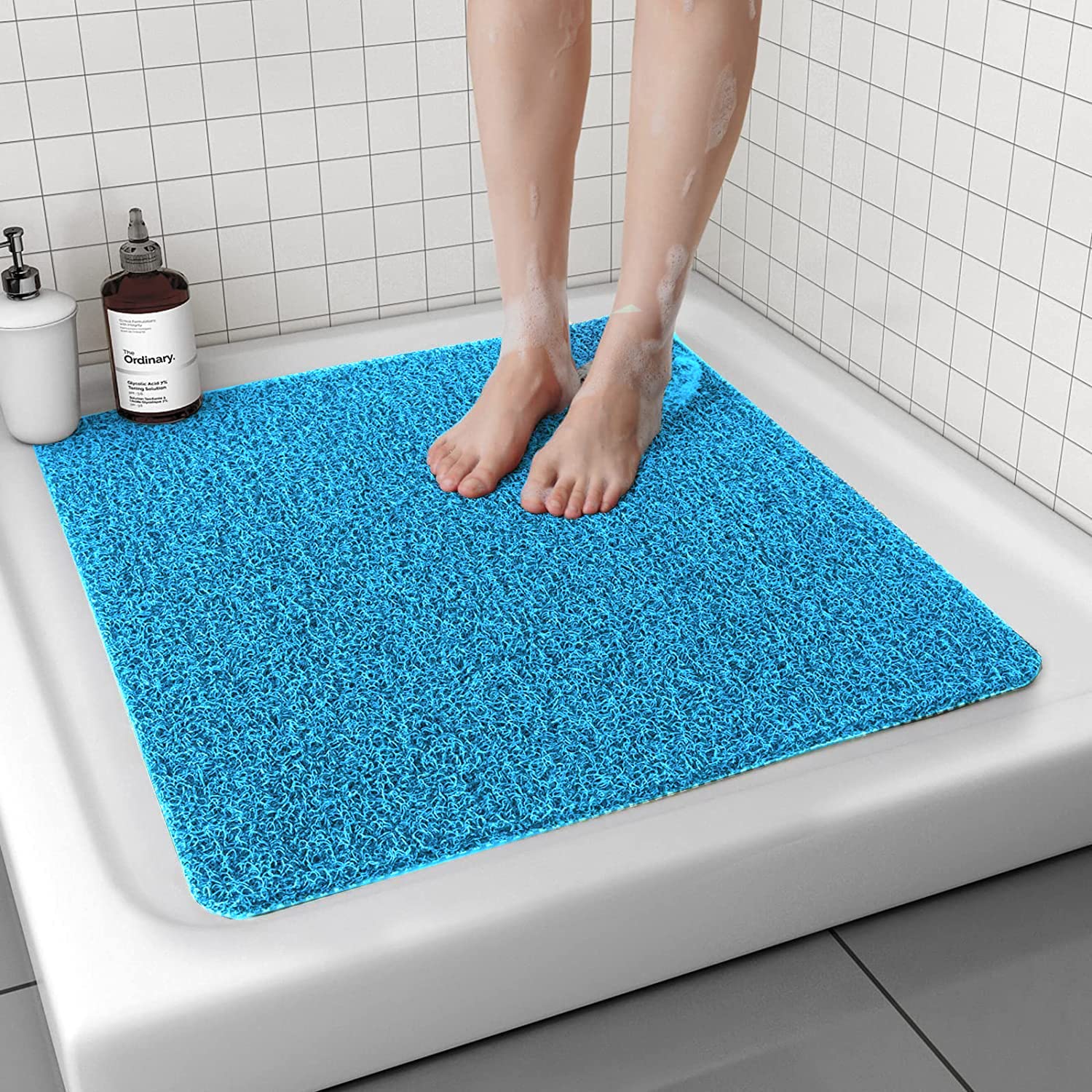 Bingobang Non-Slip Shower Mat – 60x60cm Loofah Textured Bath Mat, Blue