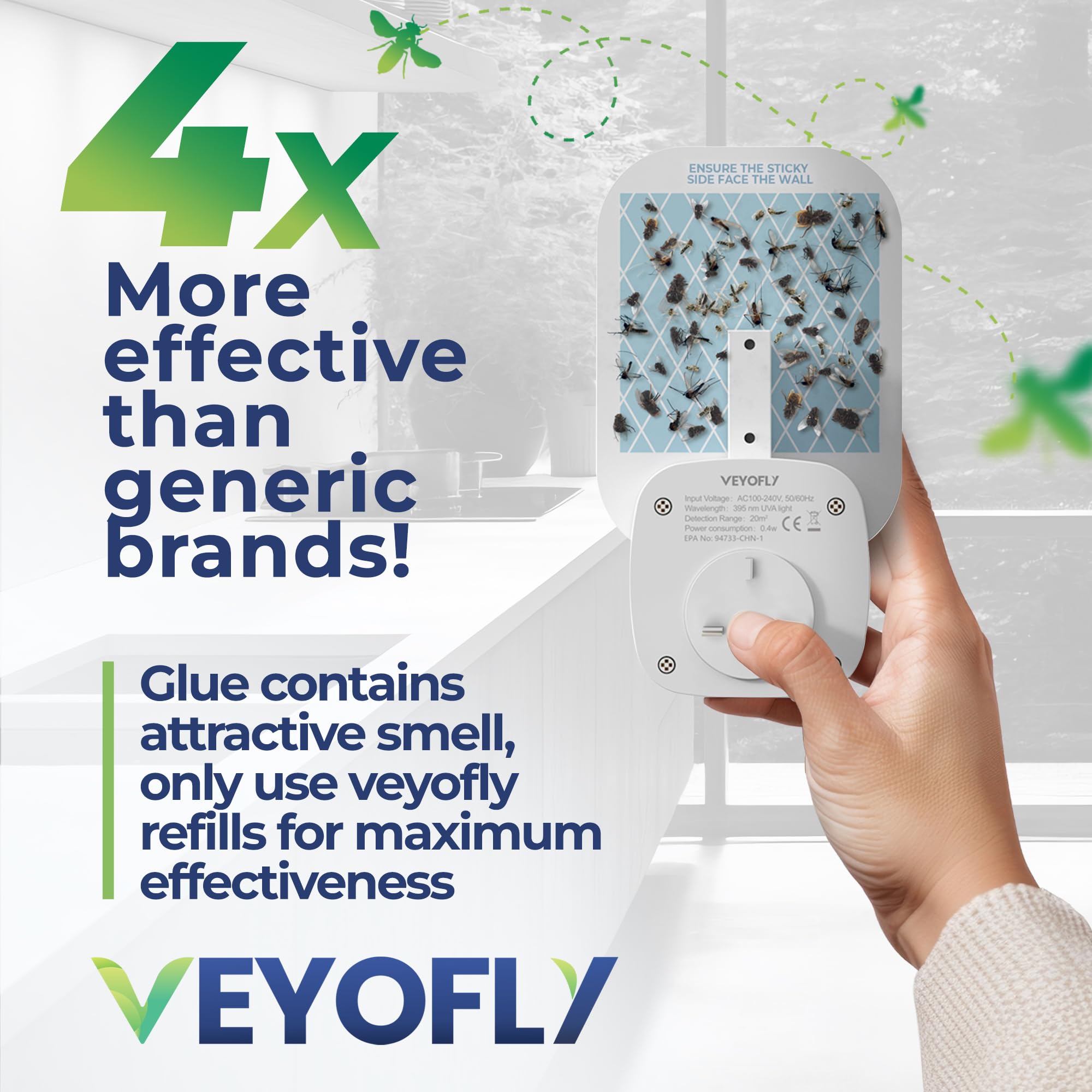 VEYOFLY Indoor Fly Trap | Non-Toxic Plug-in Bug Light (4 Devices + 12 Refills)