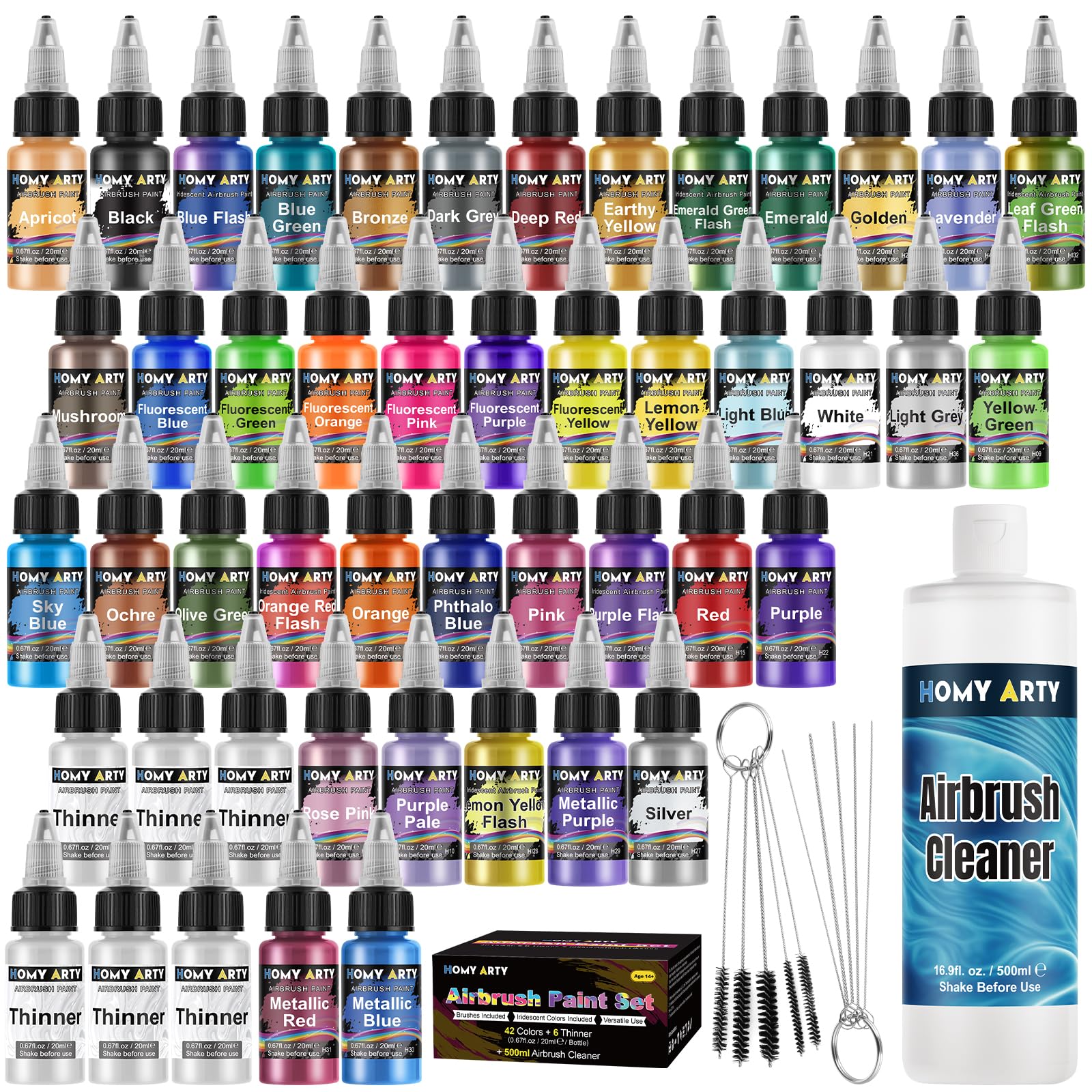 HOMY ARTY Airbrush Paint Set - 42 Colors Acrylic Kit with Cleaner & Thinner