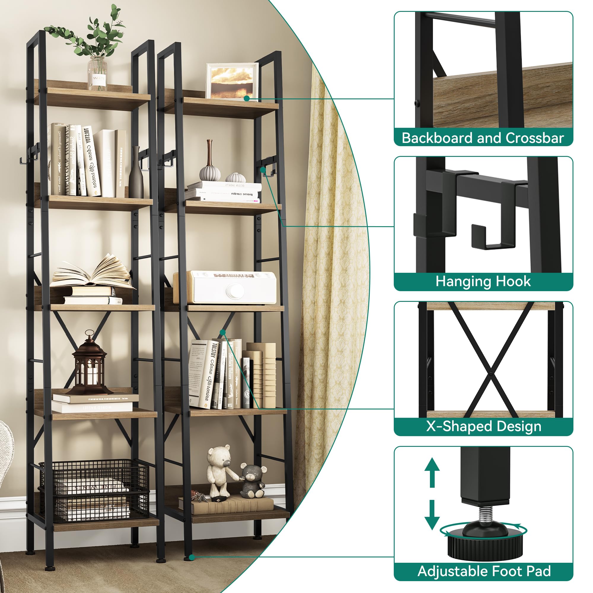YITAHOME 5-Tier Industrial Ladder Shelf – Narrow Wooden & Metal Bookcase
