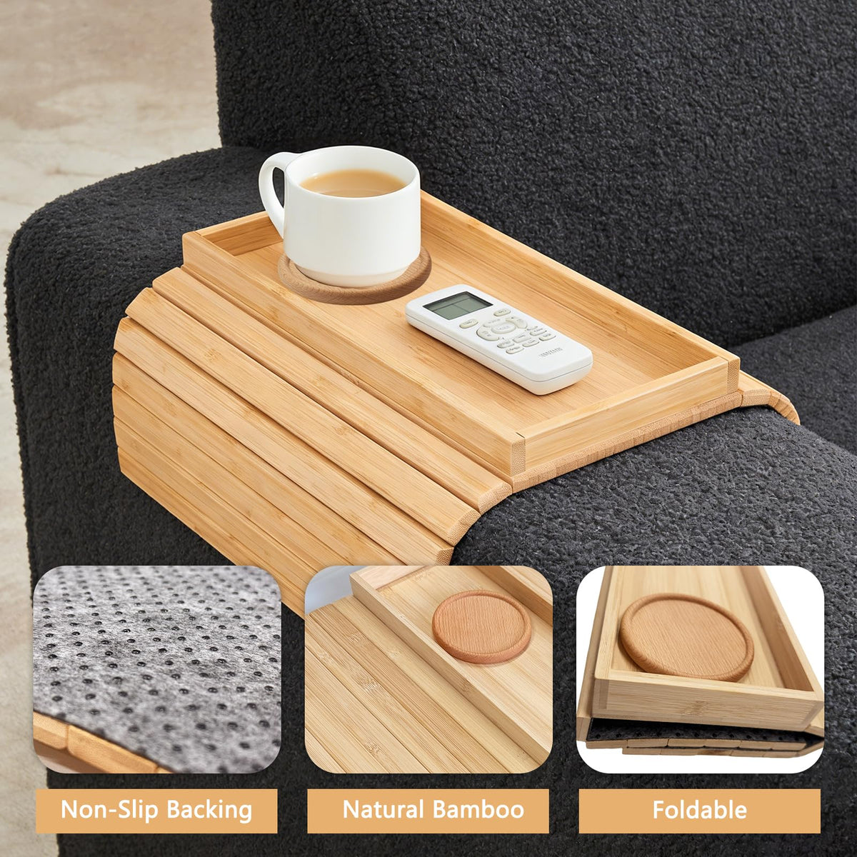Solid Wood Armrest Tray, Space-Saving Table for Snacks & Drinks, Non-Slip Grooves, Includes 1 Wooden Coaster, Sofa Armrest Organizer - image 3