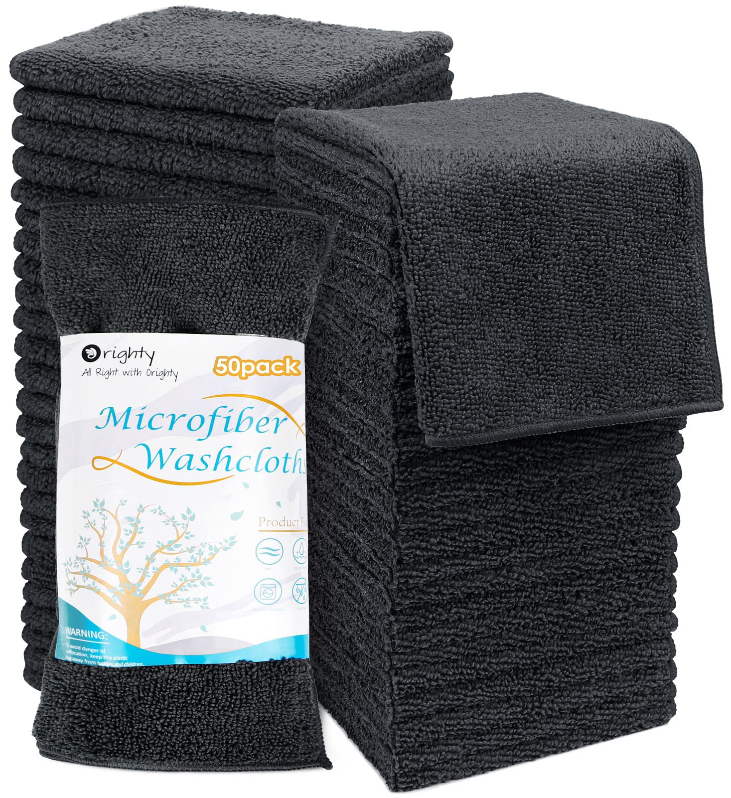 Orighty Microfibre Washcloths | 50 Pack Absorbent 12x12 Towels - Black