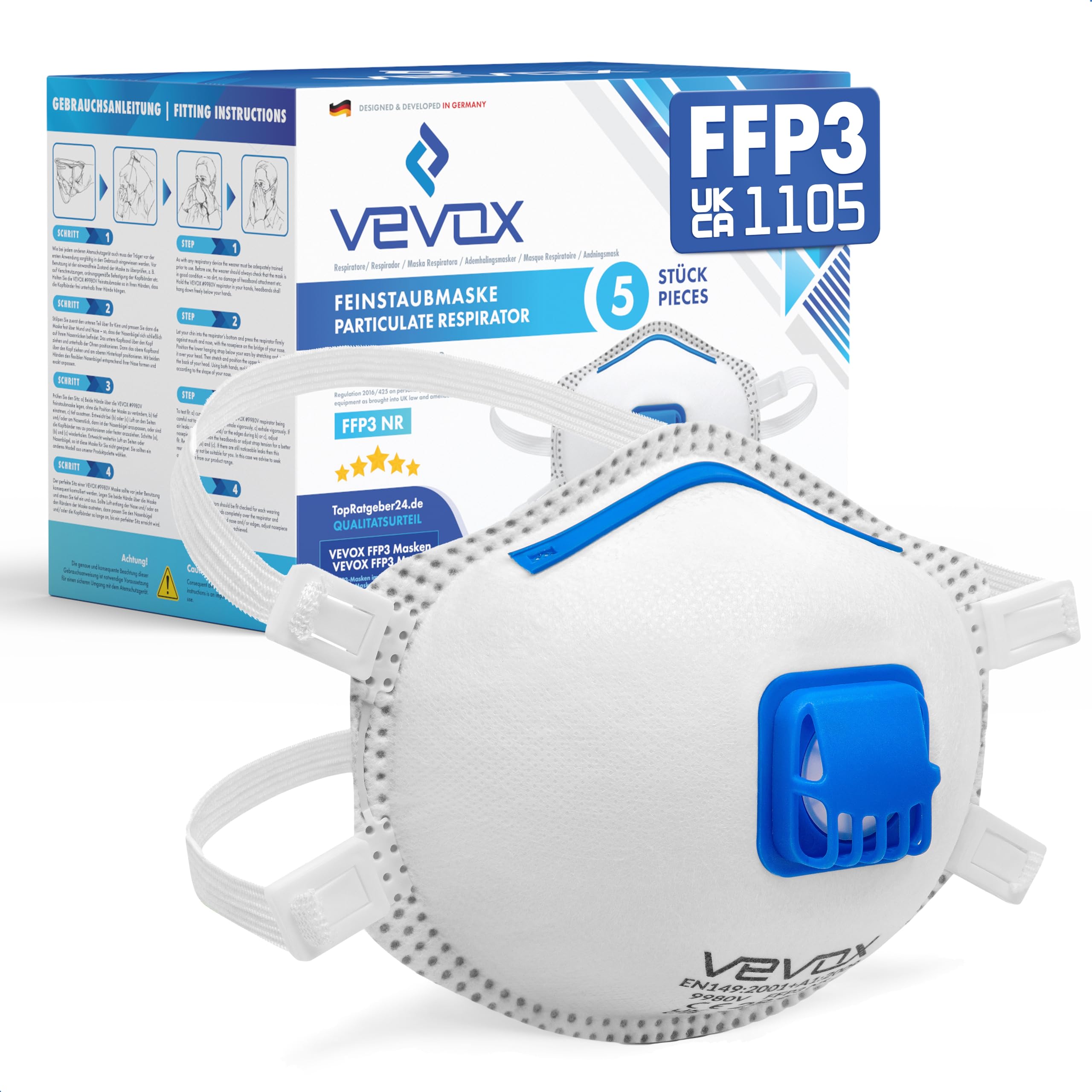 VEVOX FFP3 Valved Dust Mask Respirator for Construction - 5 Pack