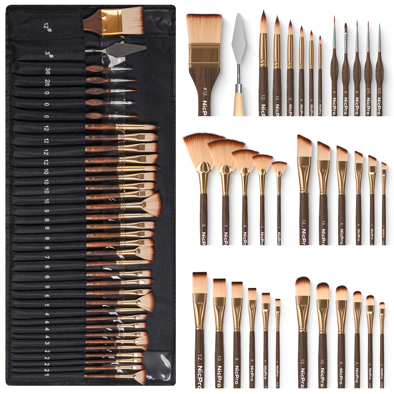 Nicpro 36pcs Paint Brush Set with Canvas Roll for Acrylic & Oil