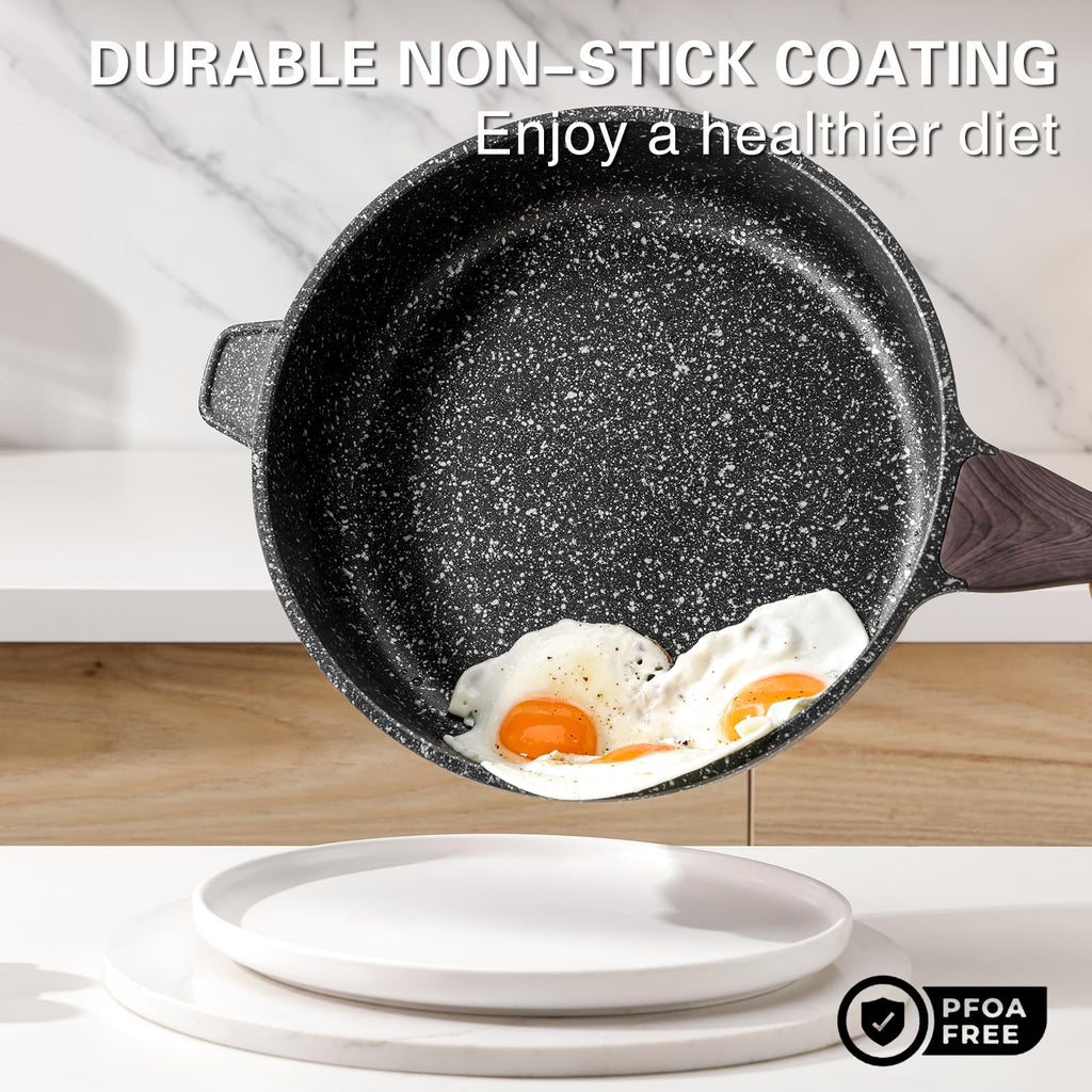 Kordisen Nonstick Deep Frying Pan with Lid | 28cm Granite Saute Skillet