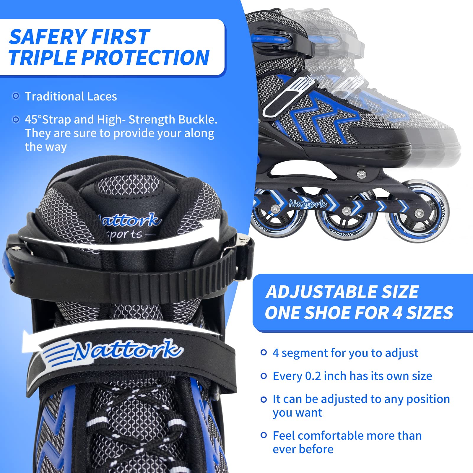 Nattork Adjustable Inline Skates | Adult & Teen Outdoor Roller Blades