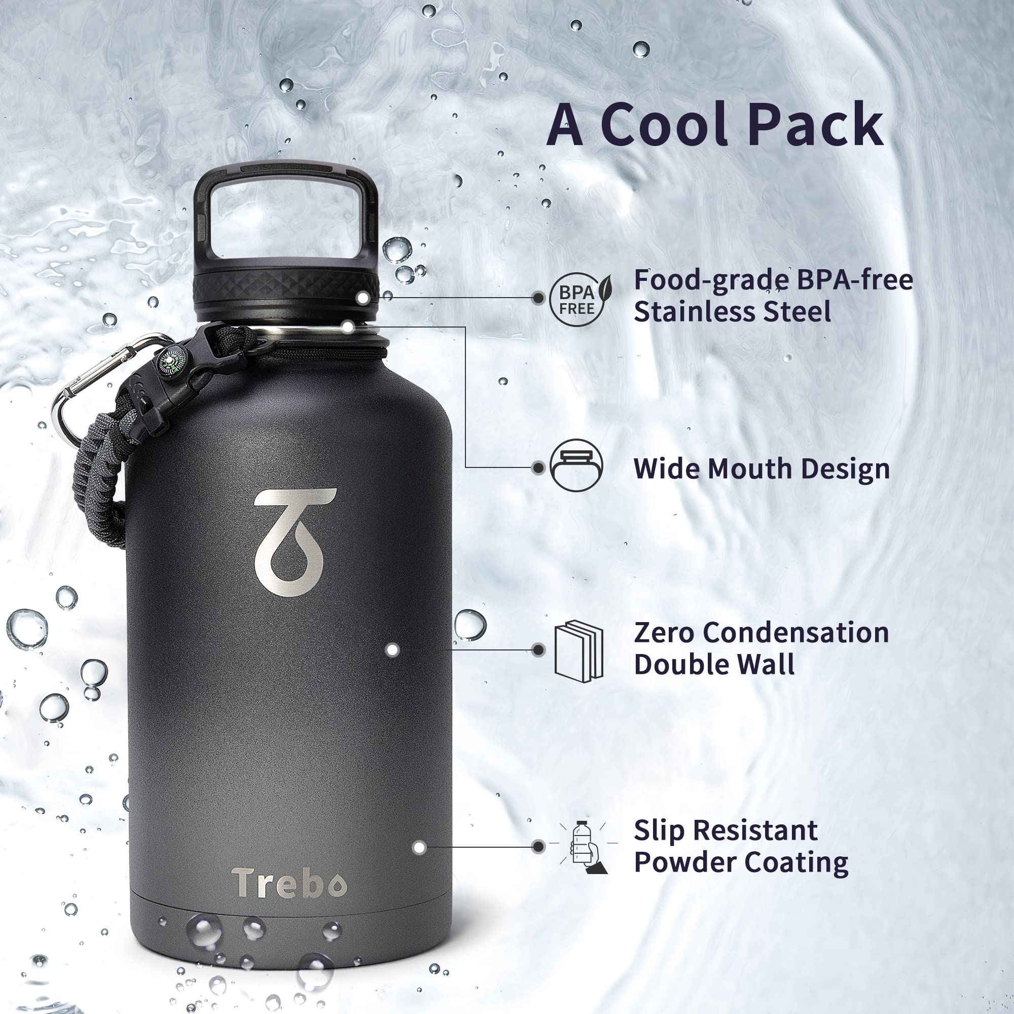 Trebo 2L Insulated Stainless Steel Water Bottle with Paracord Handle