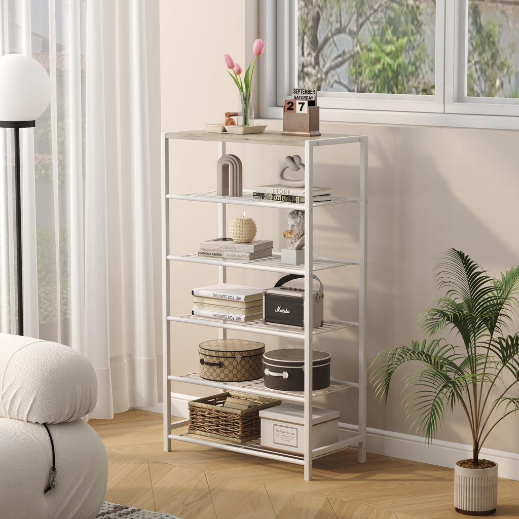 HOME BI 6-Tier Industrial Shoe Rack | Metal Storage Shelf with MDF Top