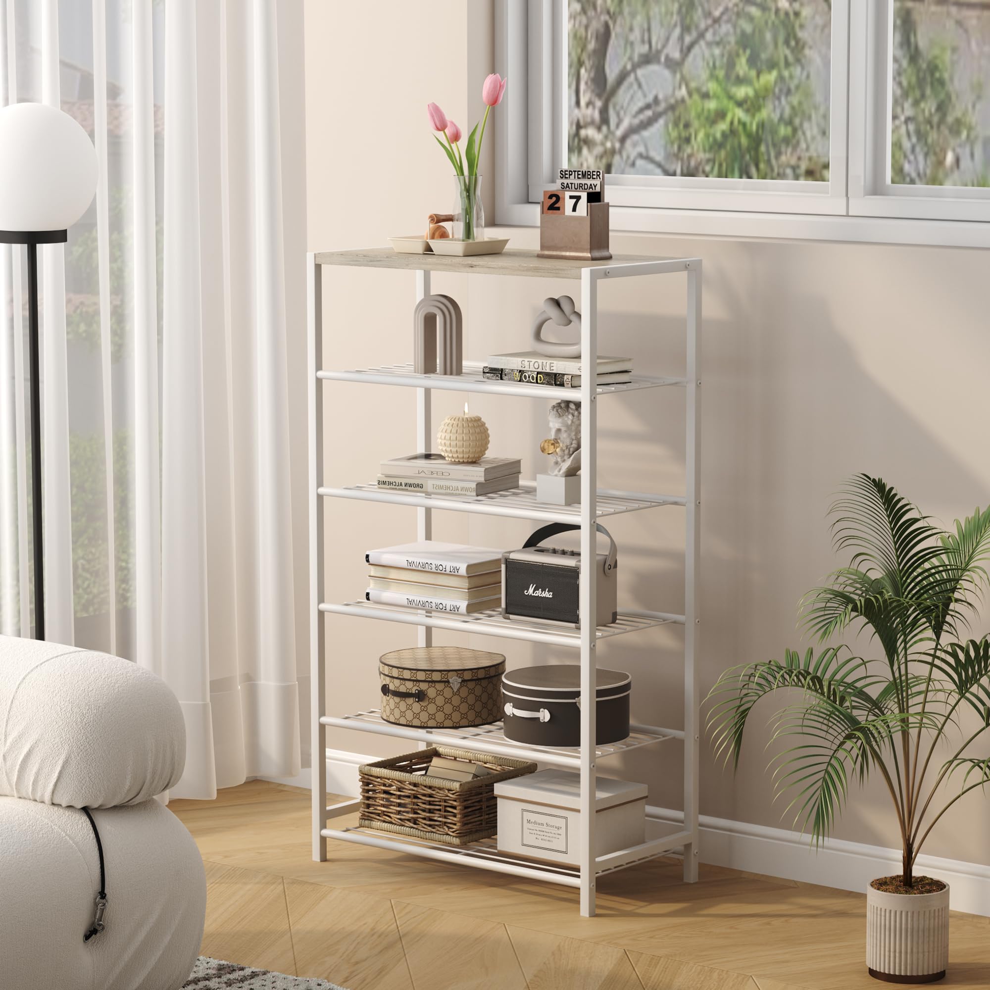 HOME BI 6-Tier Industrial Shoe Rack | Metal Storage Shelf with MDF Top