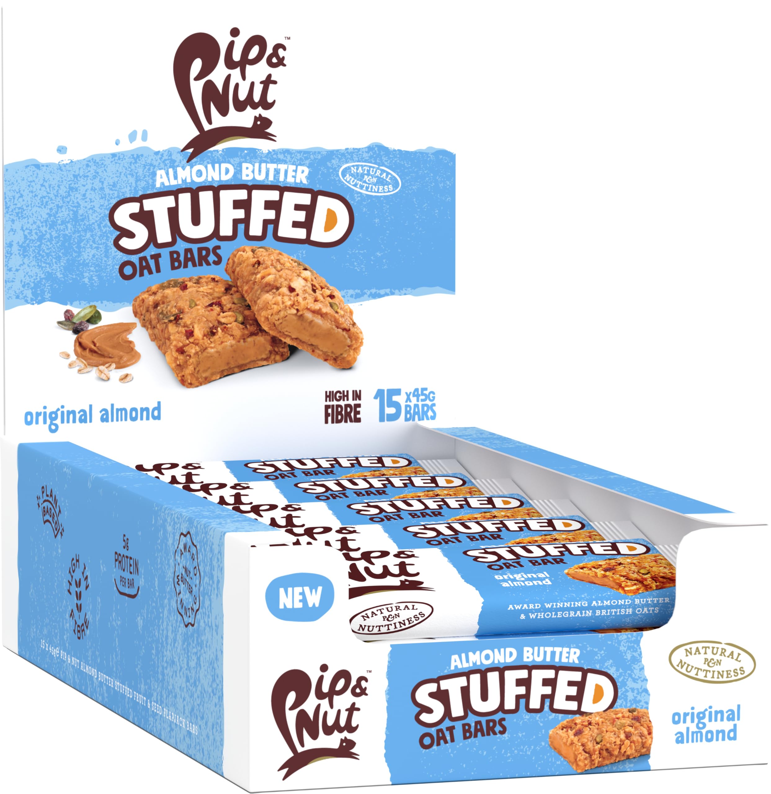 Pip & Nut Almond Butter Stuffed Oat Bars - Vegan & Plant-Based - 15 x 45g