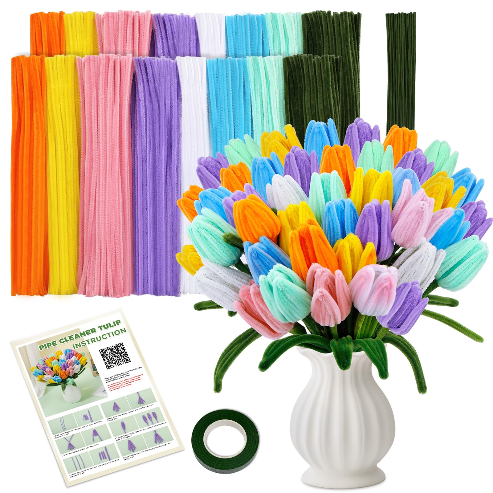 550 Pcs Chenille Pipe Cleaners Flower Craft Kit – 8 Colors