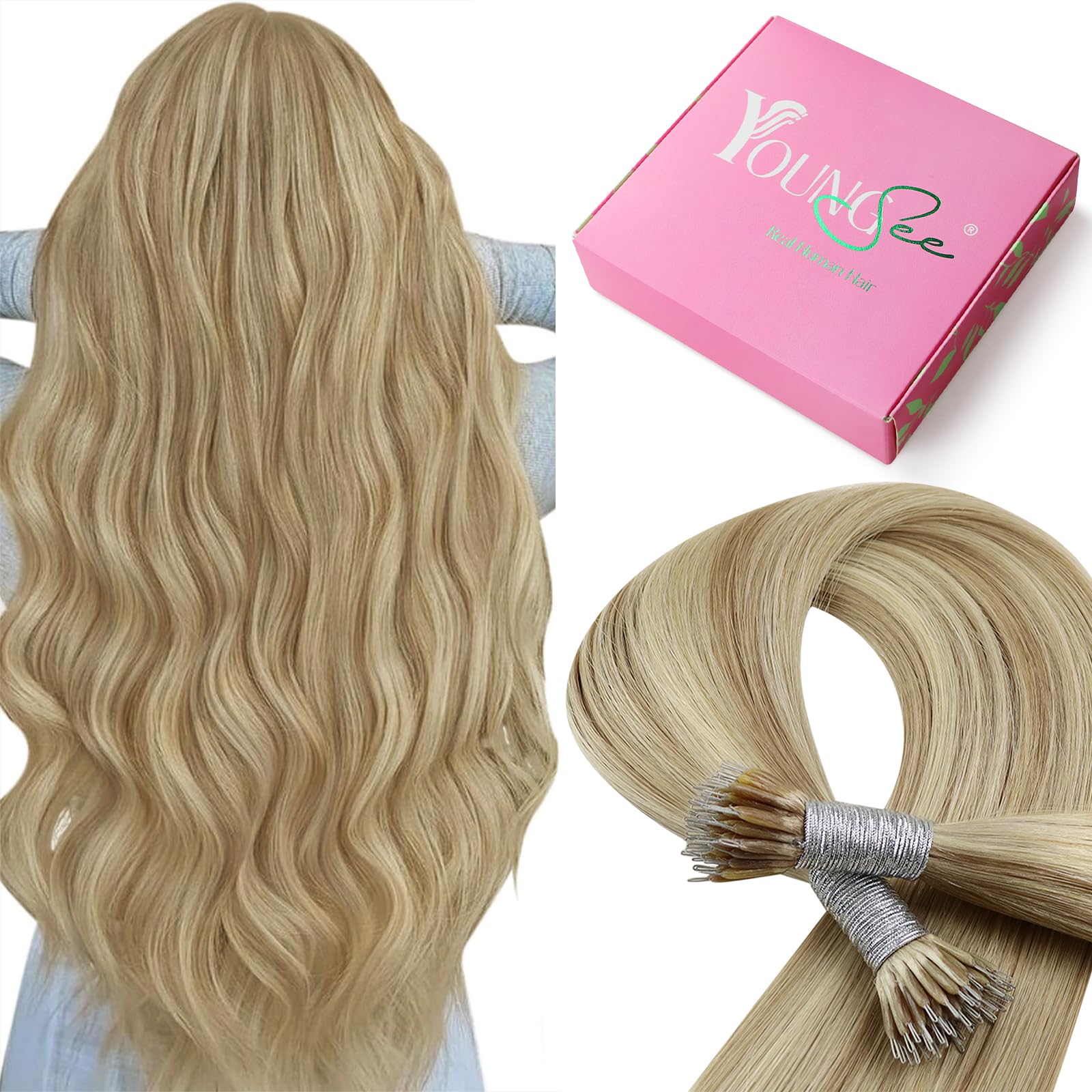YoungSee Nano Ring Hair Extensions | 14 Inch Remy Human Hair - Ash Blonde