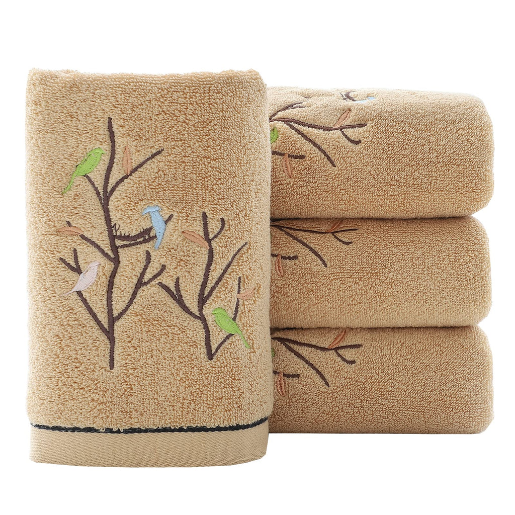 Pidada Hand Towels Set of 4 Embroidered Bird Tree Pattern 100% Cotton Absorbent Soft Decorative Towel for Bathroom 35 x 75 cm Brown - image 1