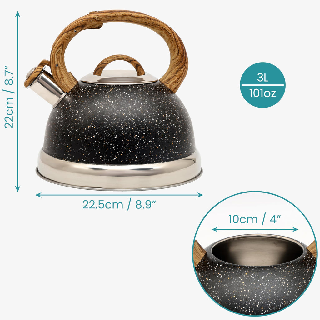 Belle Vous Black Whistling Kettle – 3L Stainless Steel Stovetop Teapot