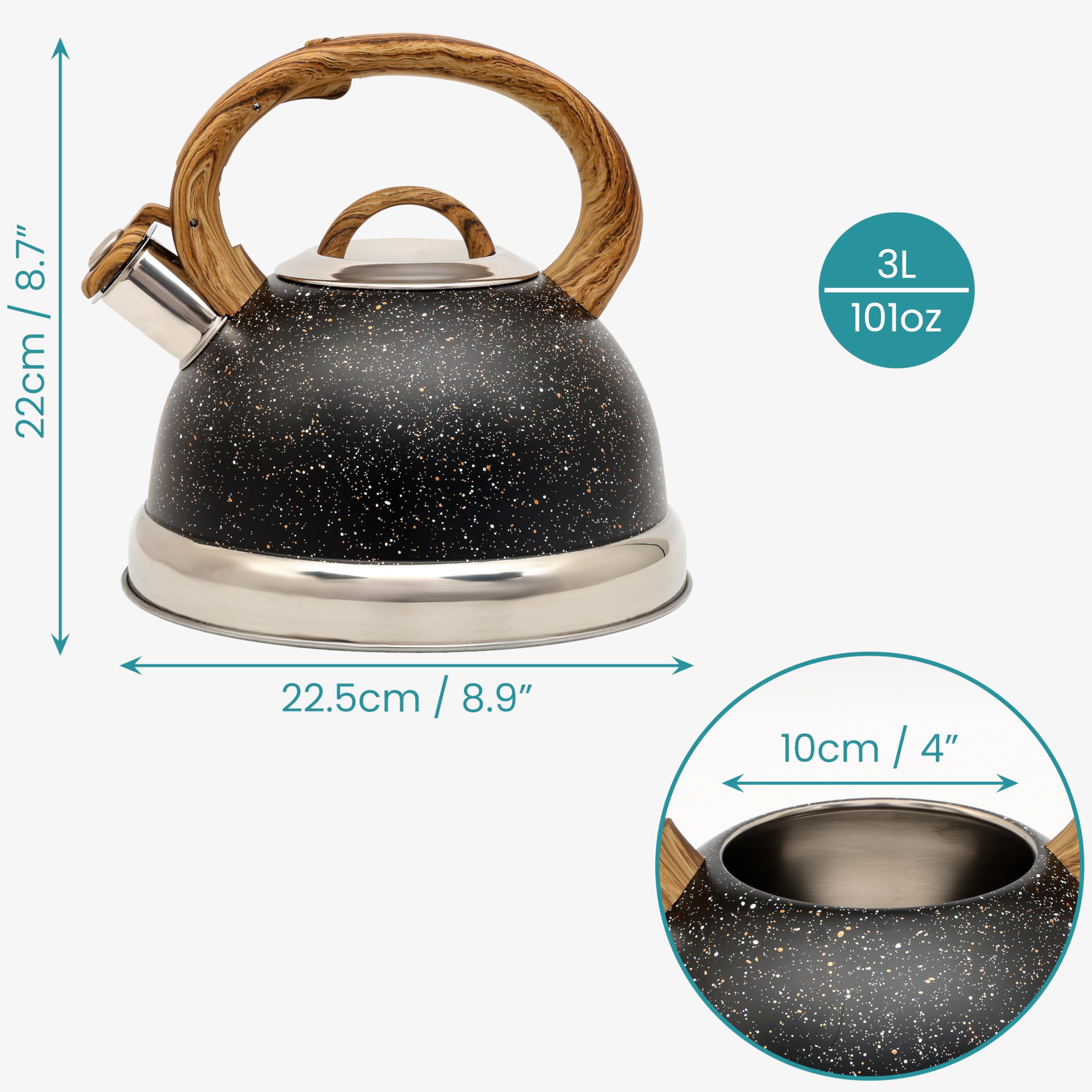 Belle Vous Black Whistling Kettle – 3L Stainless Steel Stovetop Teapot