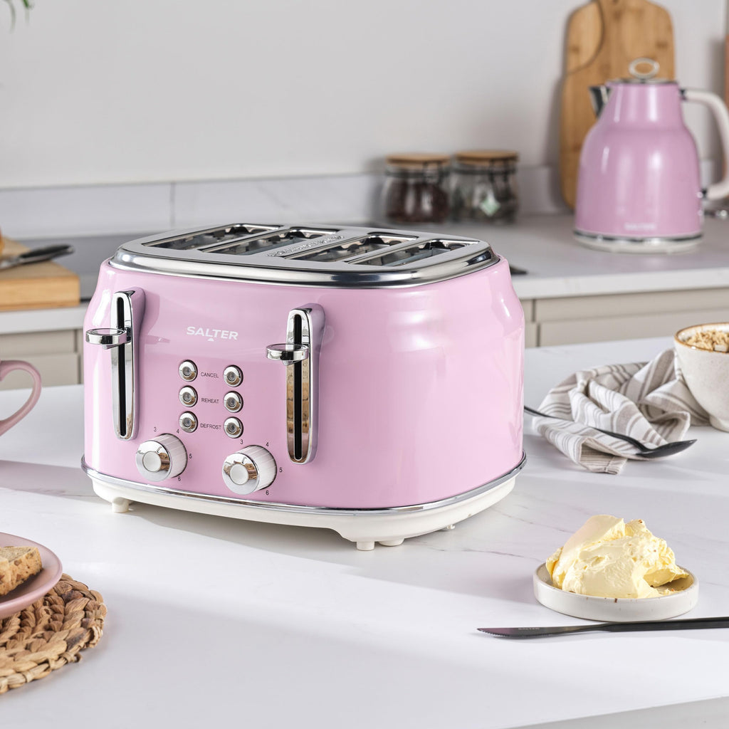 Salter Retro 4-Slice Toaster – Pink Wide Slot with 6 Browning Levels