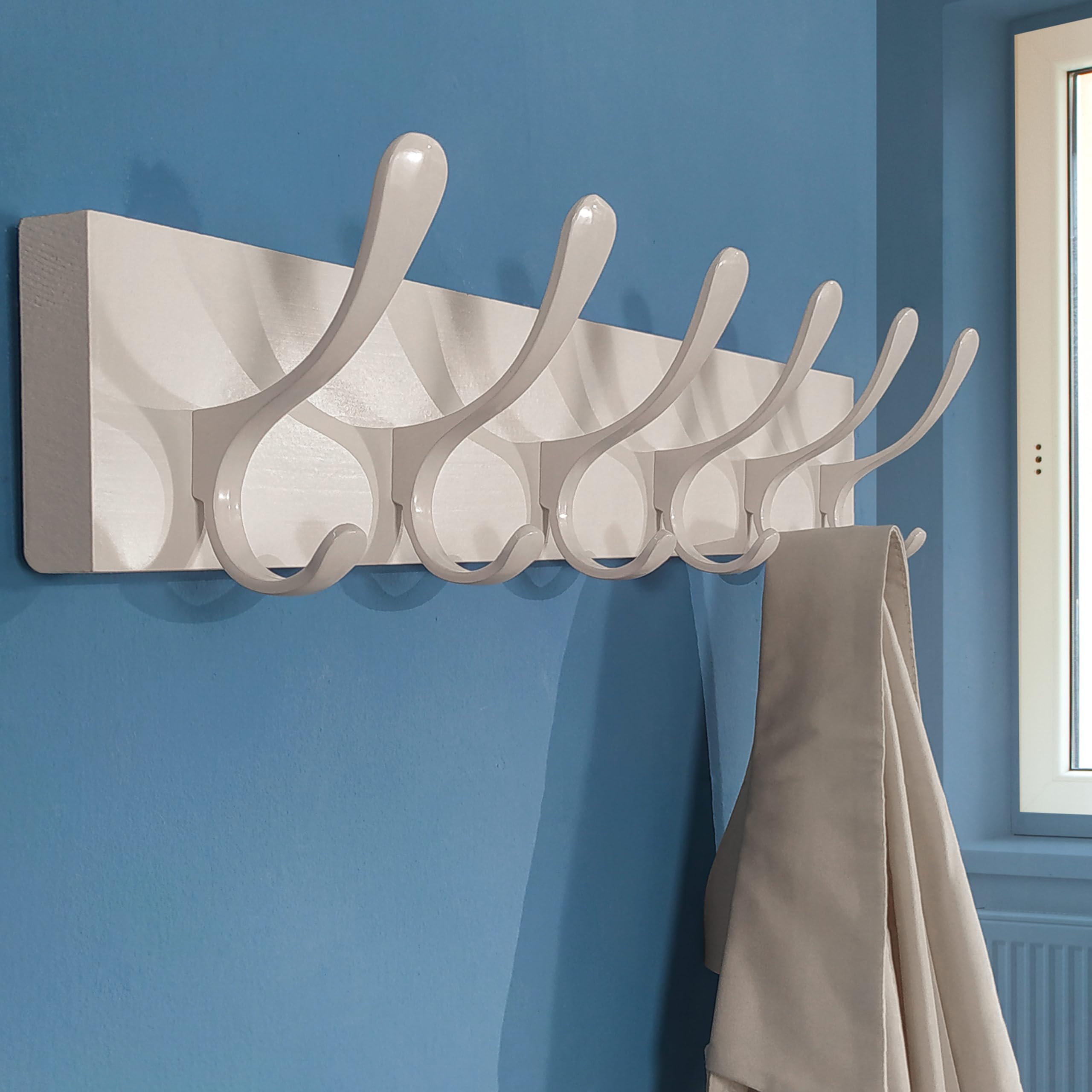 SKOLOO Wall Mount Coat Rack - 2 Pack White Pine Wood Hanger with 6 Hooks