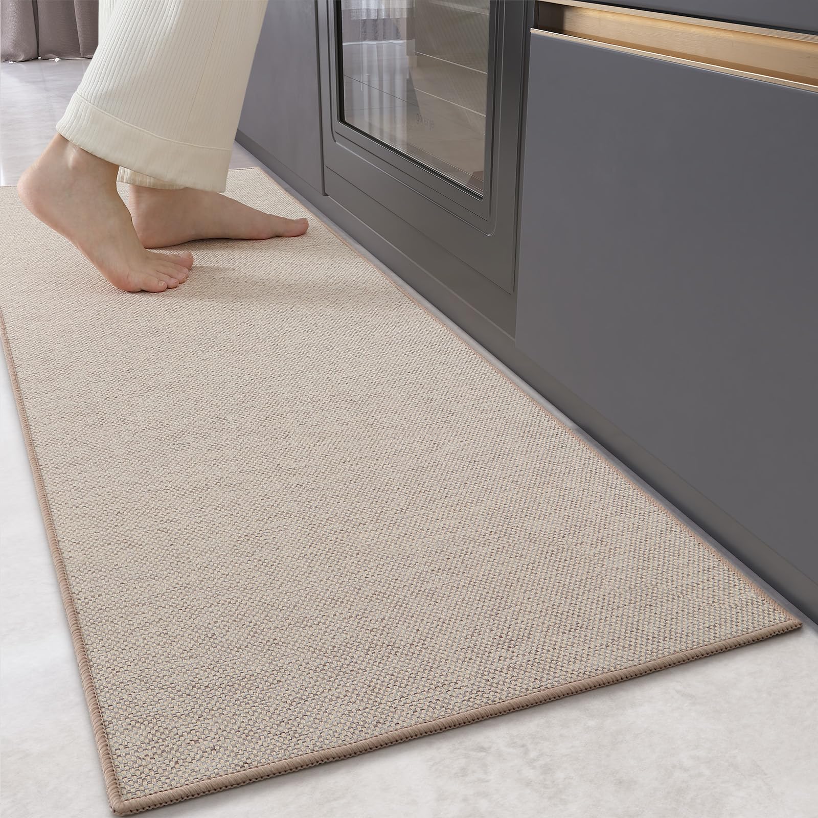 Color&Geometry Non-Slip Kitchen Runner – Washable Woven Floor Mat, Khaki