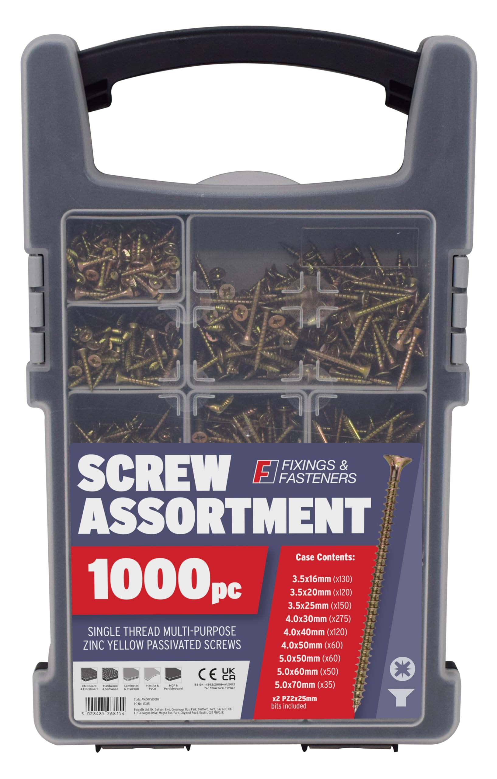 Forgefix 1000pc Zinc Screw Assortment Kit with Organizer Case