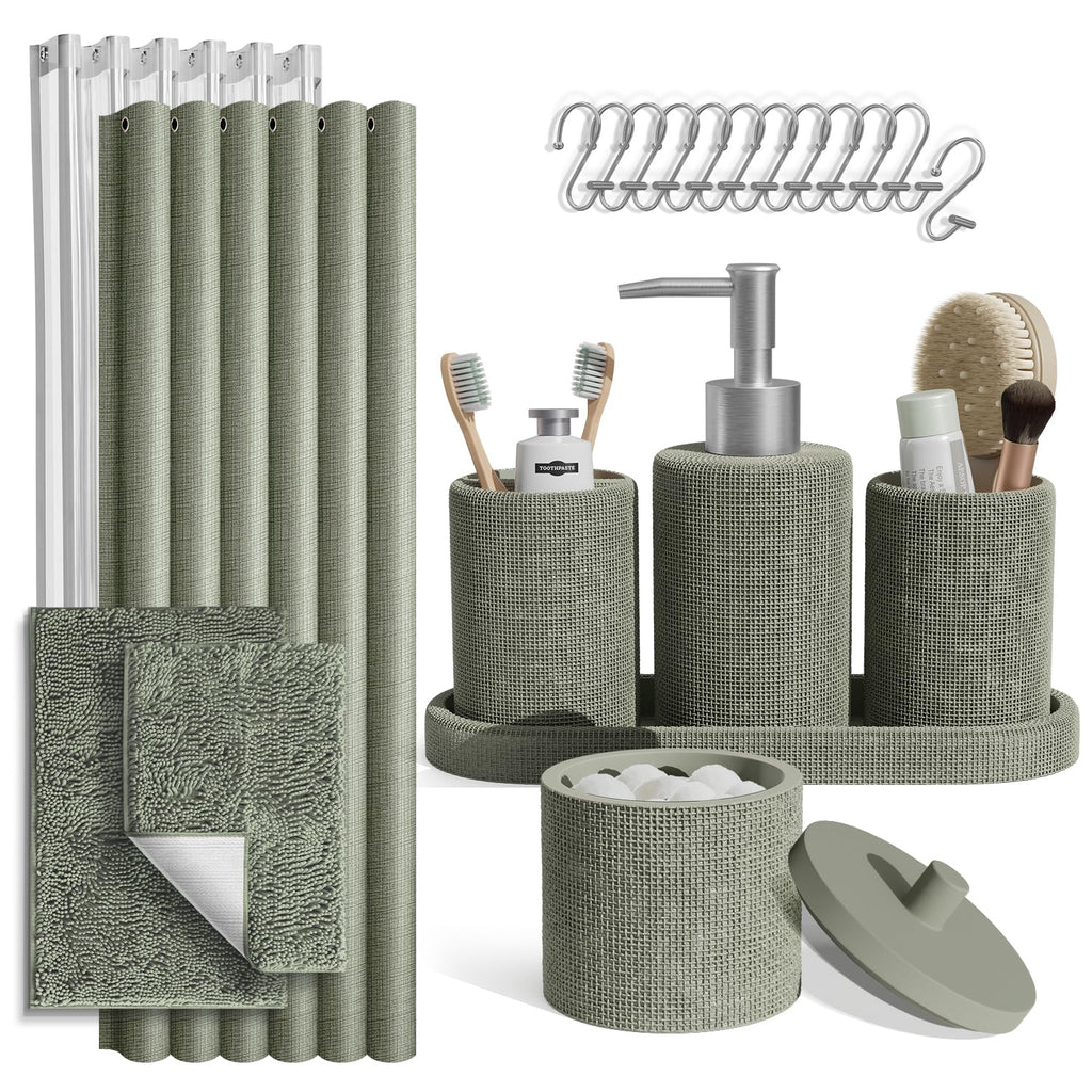 Clara Clark Sage Green Bathroom Set - Bathroom Sets with Shower Curtain and Rugs, 21PC Bathroom Accessory Set - image 1