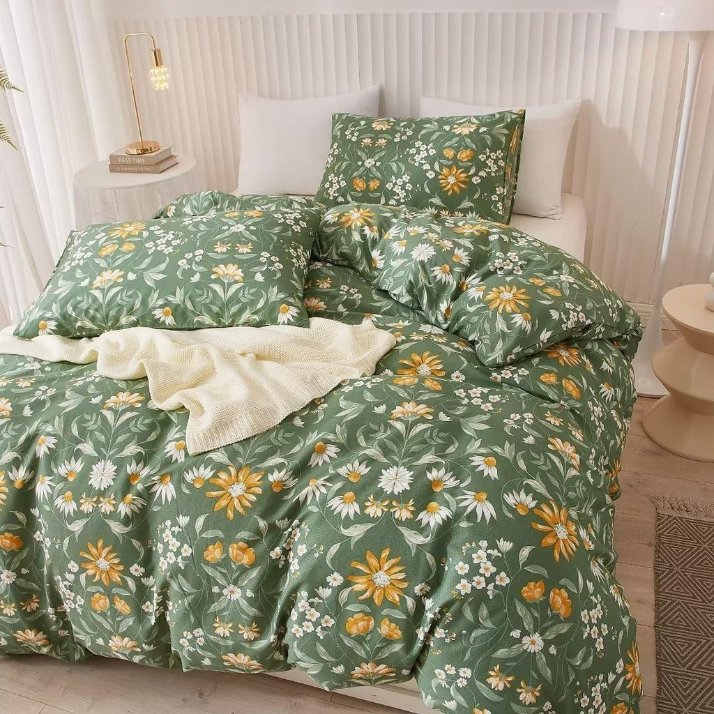 Ruccit Green Floral 100% Cotton Double Duvet Cover Set | 3-Piece Bedding