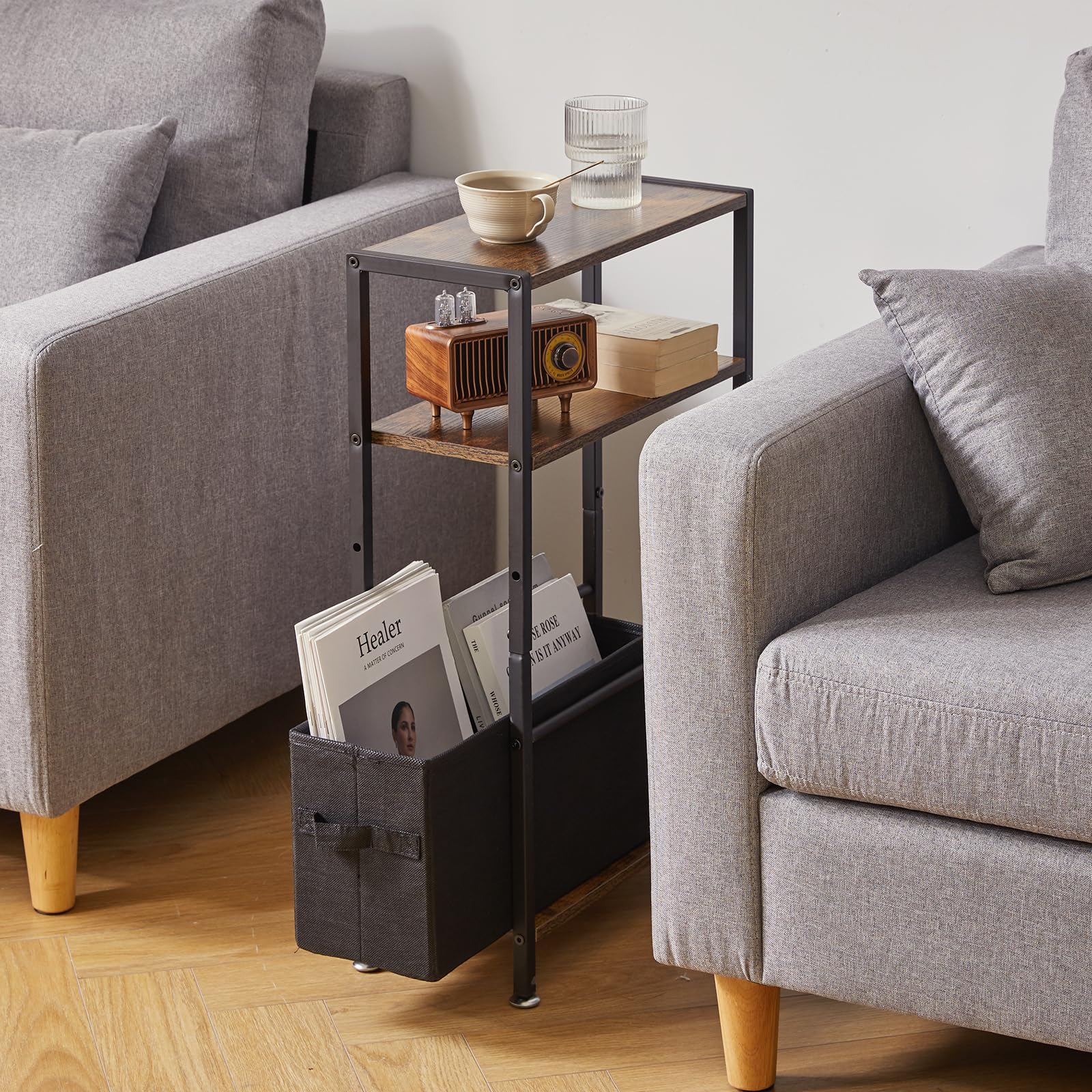 Aibiju Narrow Side Table – 3-Tier Slim End Table with Storage Basket
