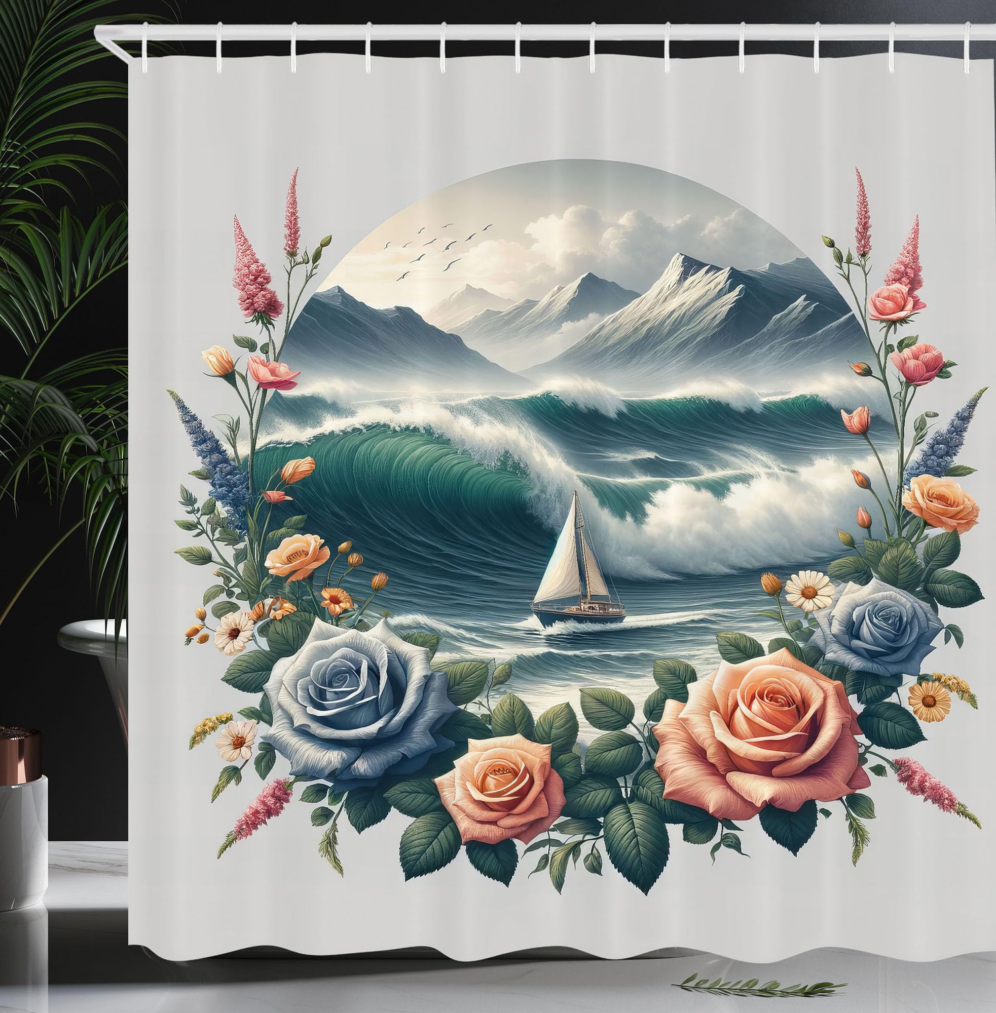 Abakuhaus Nautical Shower Curtain | Sailboat Rose Wreath | Waterproof Fabric