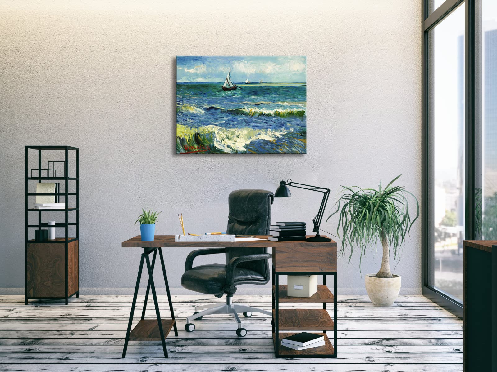 Wieco Art | Van Gogh Seascape at Saintes Maries Framed Canvas Wall Art