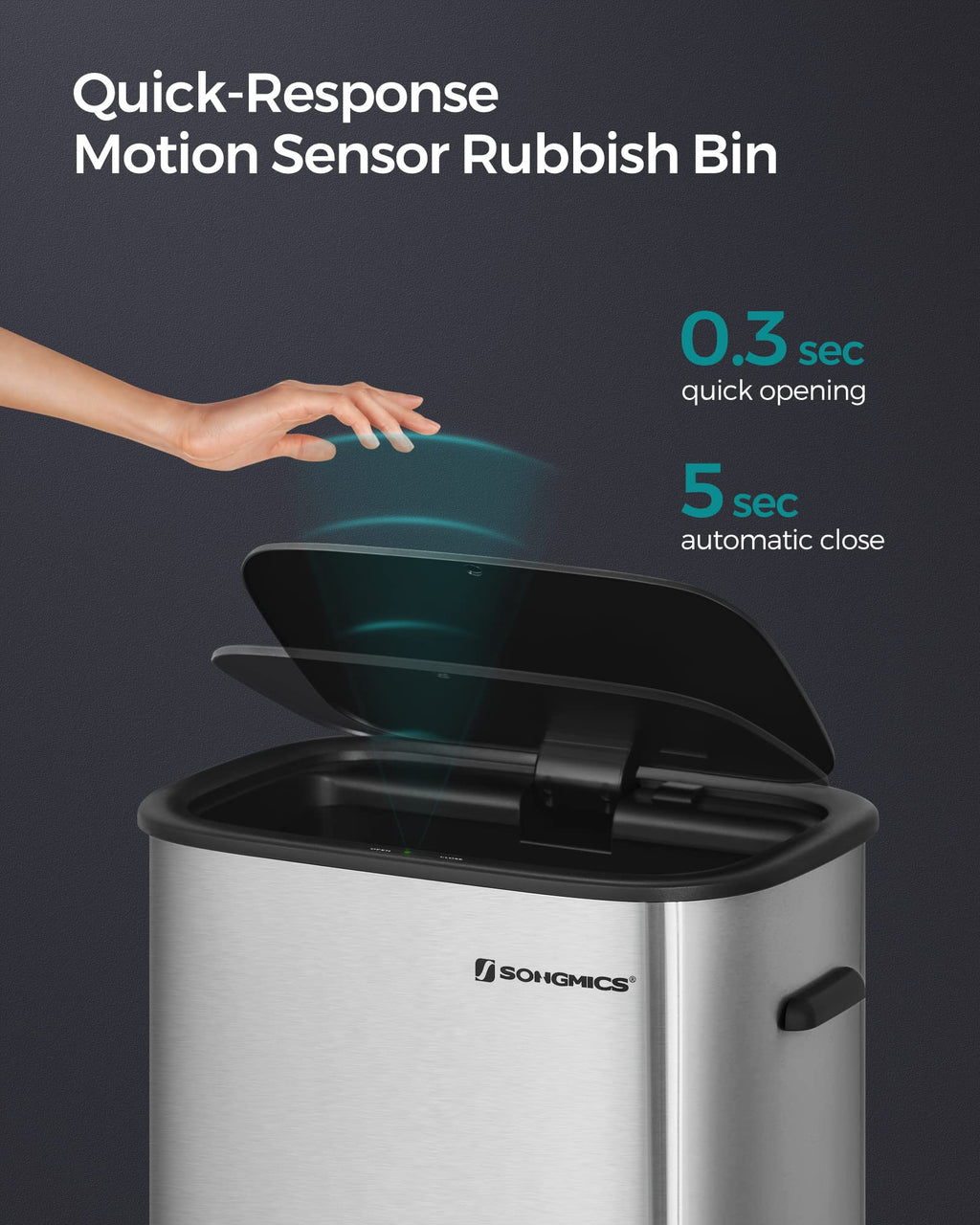 SONGMICS 50L Sensor Kitchen Bin | Automatic Stainless Steel Waste Bin