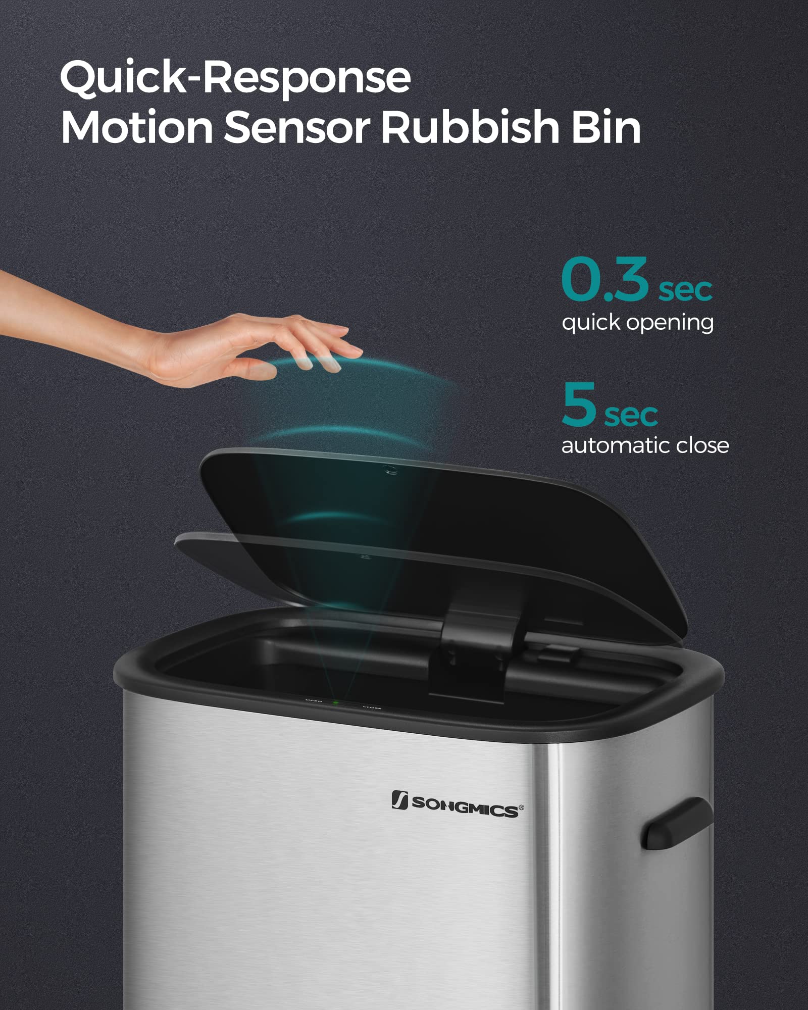 SONGMICS 50L Sensor Kitchen Bin | Automatic Stainless Steel Waste Bin