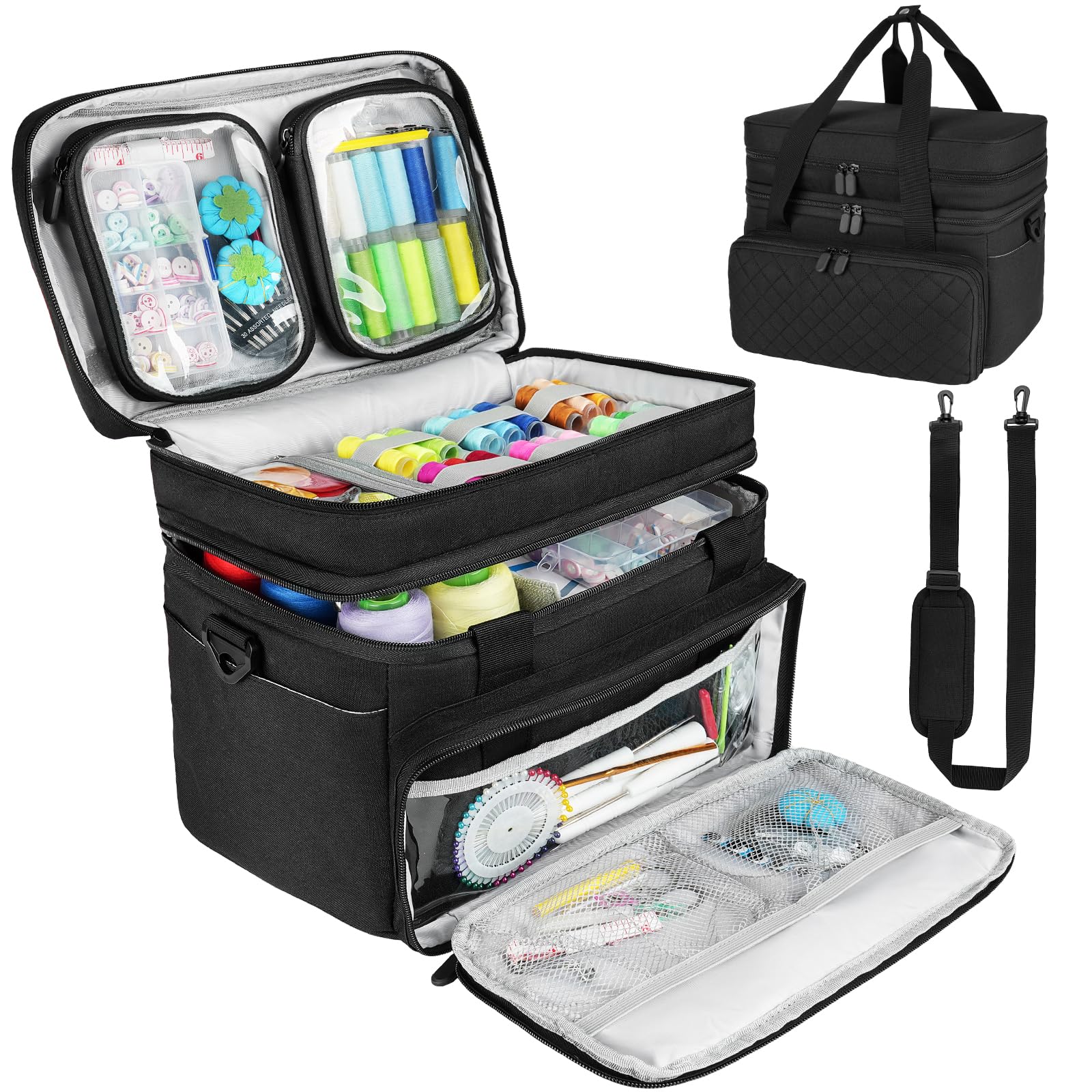 Jaffzora Double Layer Sewing Accessories Organizer Case with Shoulder Strap