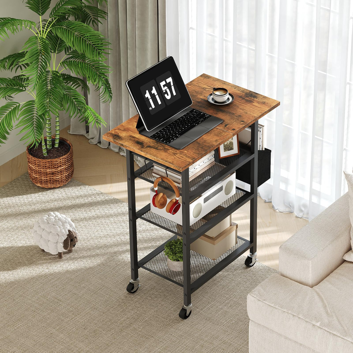MAHANCRIS 4-Tier Printer Stand, Rolling Printer Table on Wheels, Industrial Storage Stand with Side Pocket, Wooden Tabletop - image 5