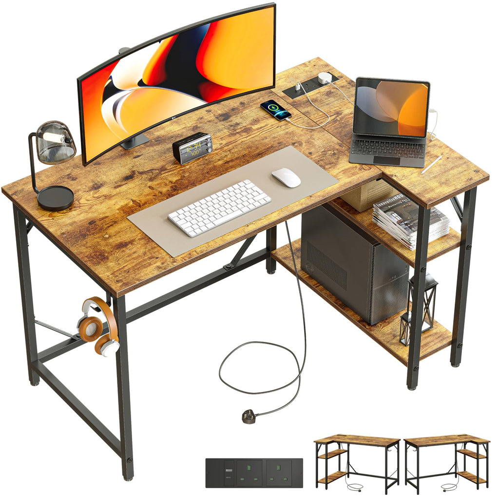 Domshoct L-Shaped Corner Desk with Power Outlets and Storage Shelves