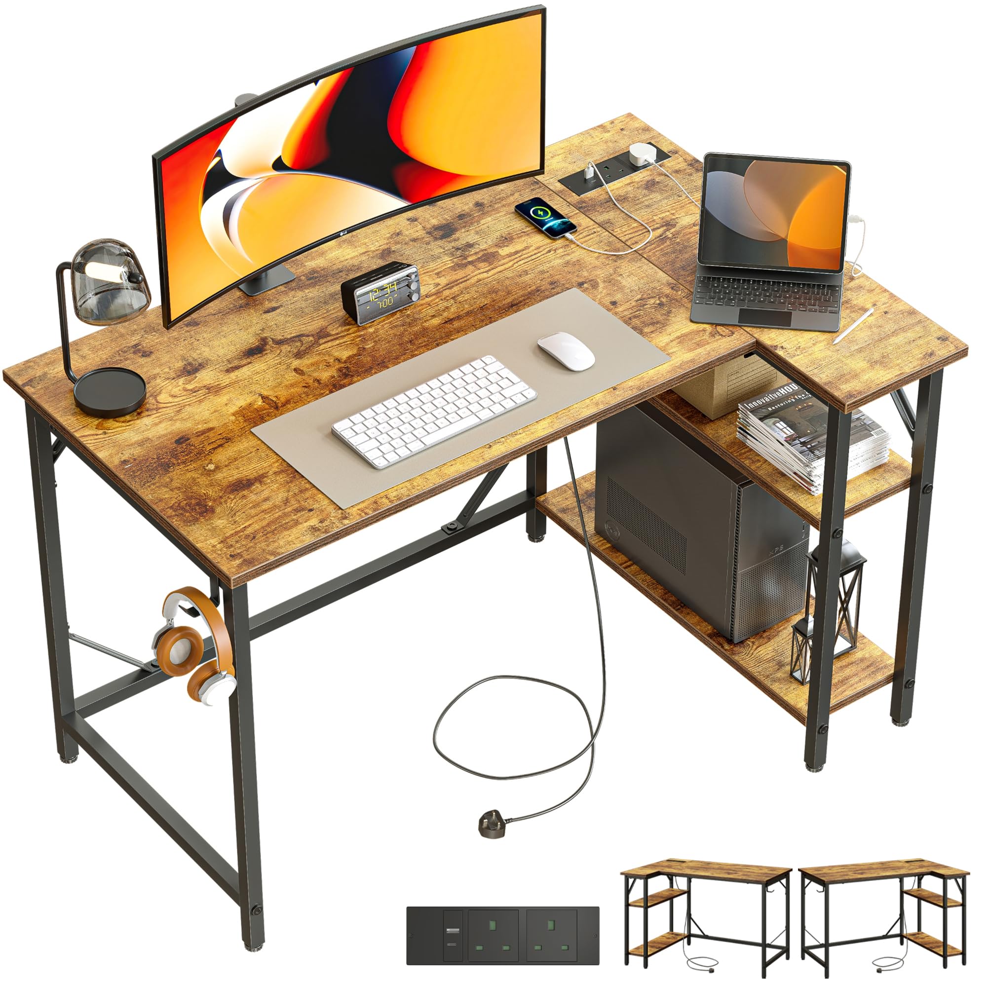 Domshoct L-Shaped Corner Desk with Power Outlets and Storage Shelves