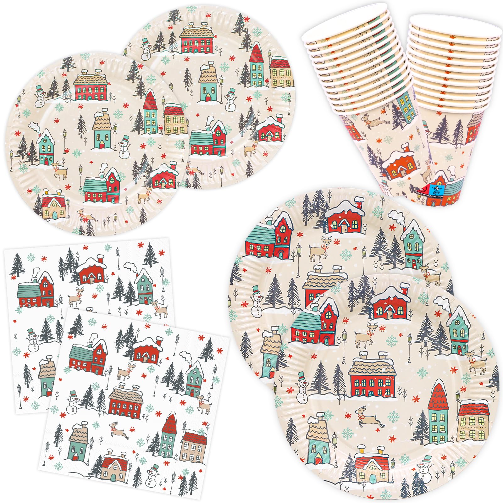 Jolof Store Christmas Village Tableware Set – 100 Piece Disposable Set