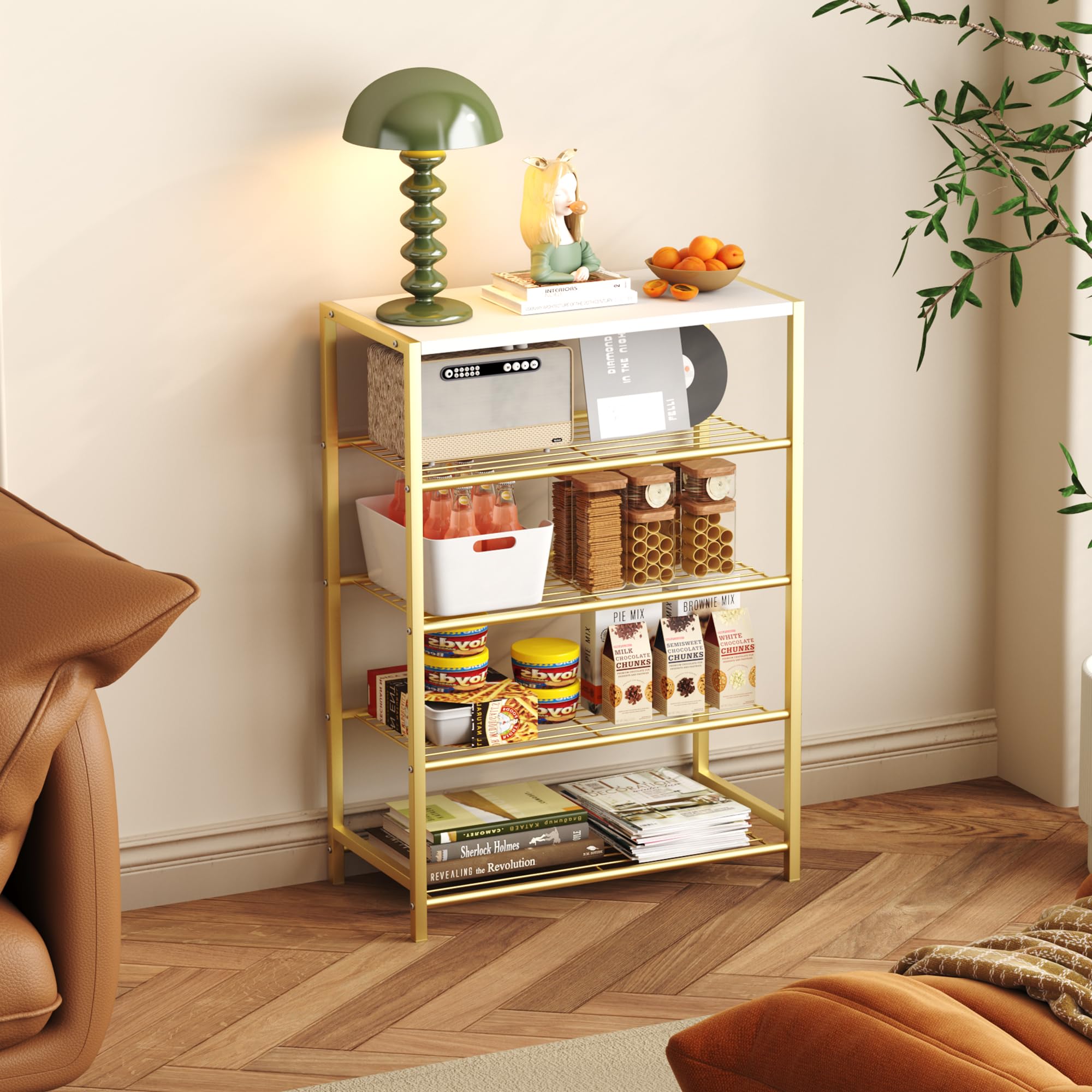 HOME BI 5-Tier Metal Shoe Rack | Industrial Storage Organizer with MDF Top