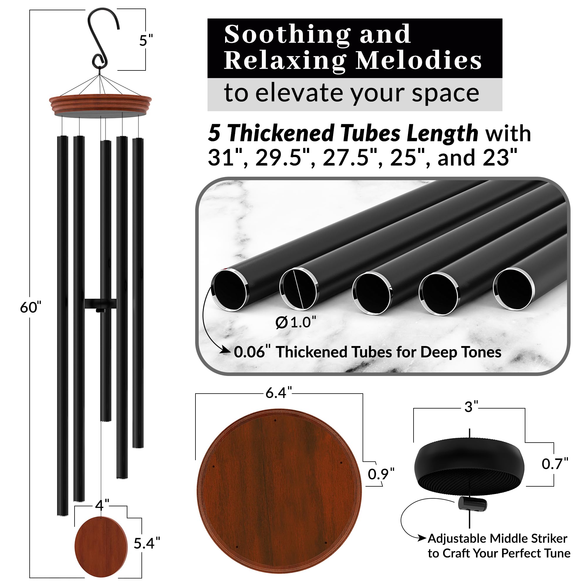 60" Extra Large Wind Chimes - Deep Tone Outdoor Decor