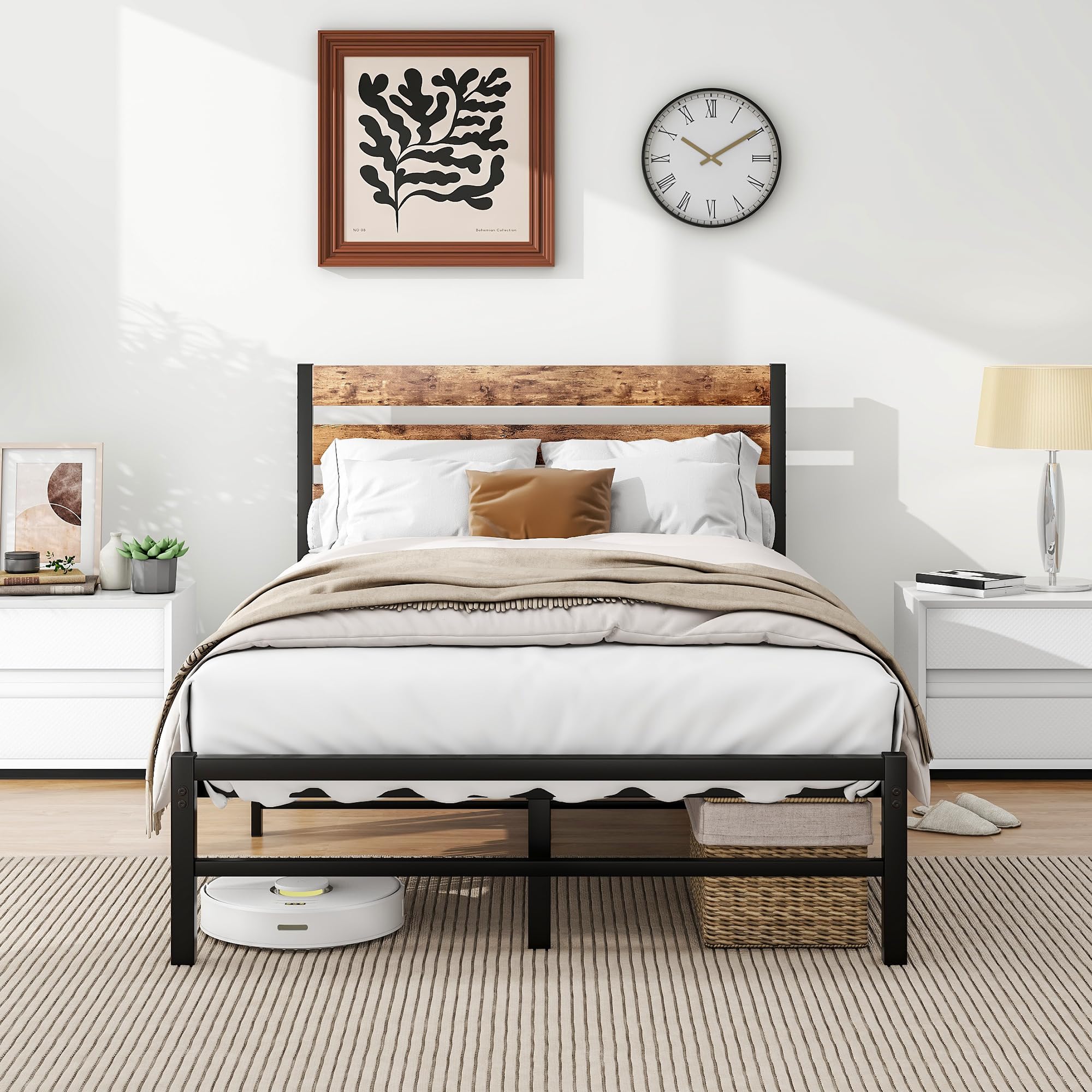 Foubam Metal Bed Frame 120x200 with Wooden Headboard and Slats
