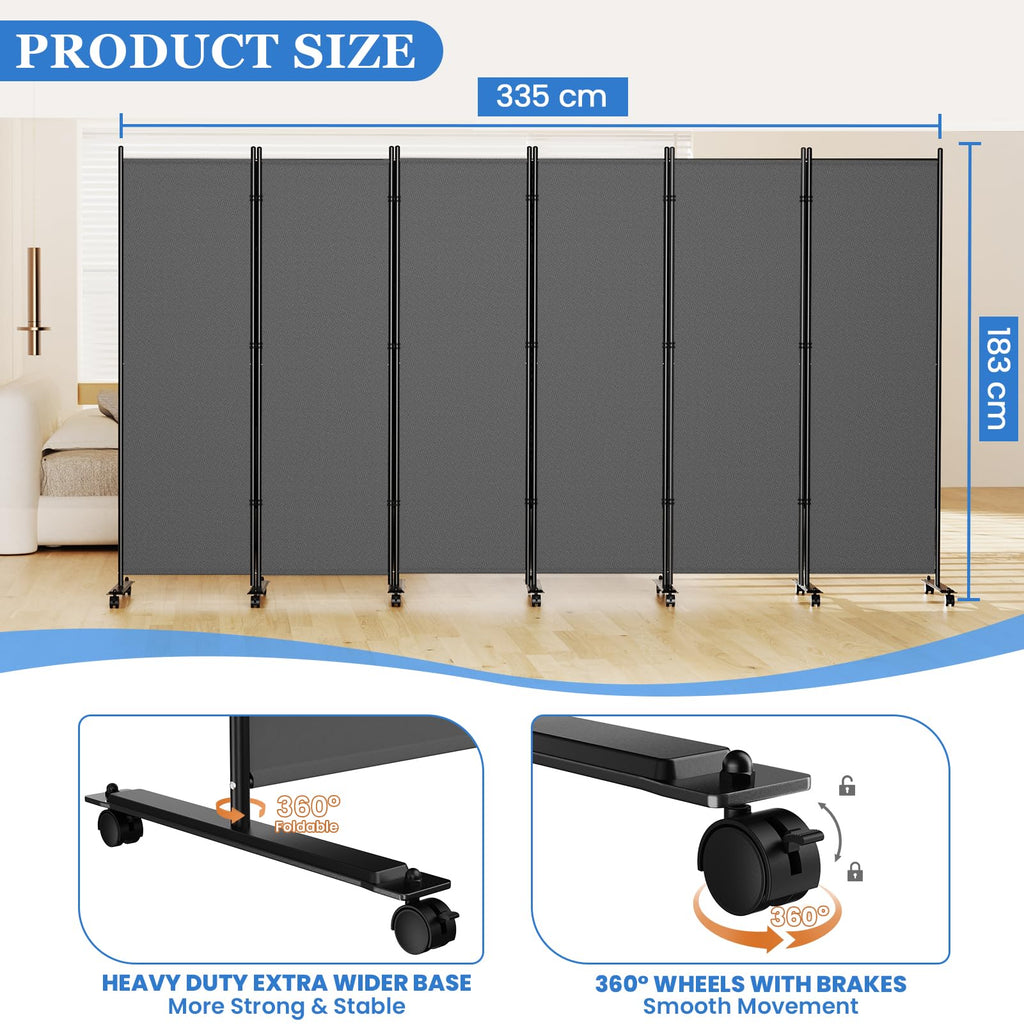 6 Panel Room Divider 183CM Folding Privacy Screens with Lockable Wheels - image 4