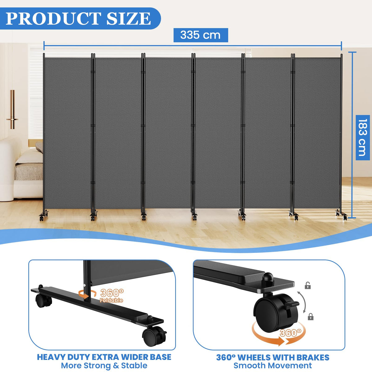 6 Panel Room Divider 183CM Folding Privacy Screens with Lockable Wheels - image 4