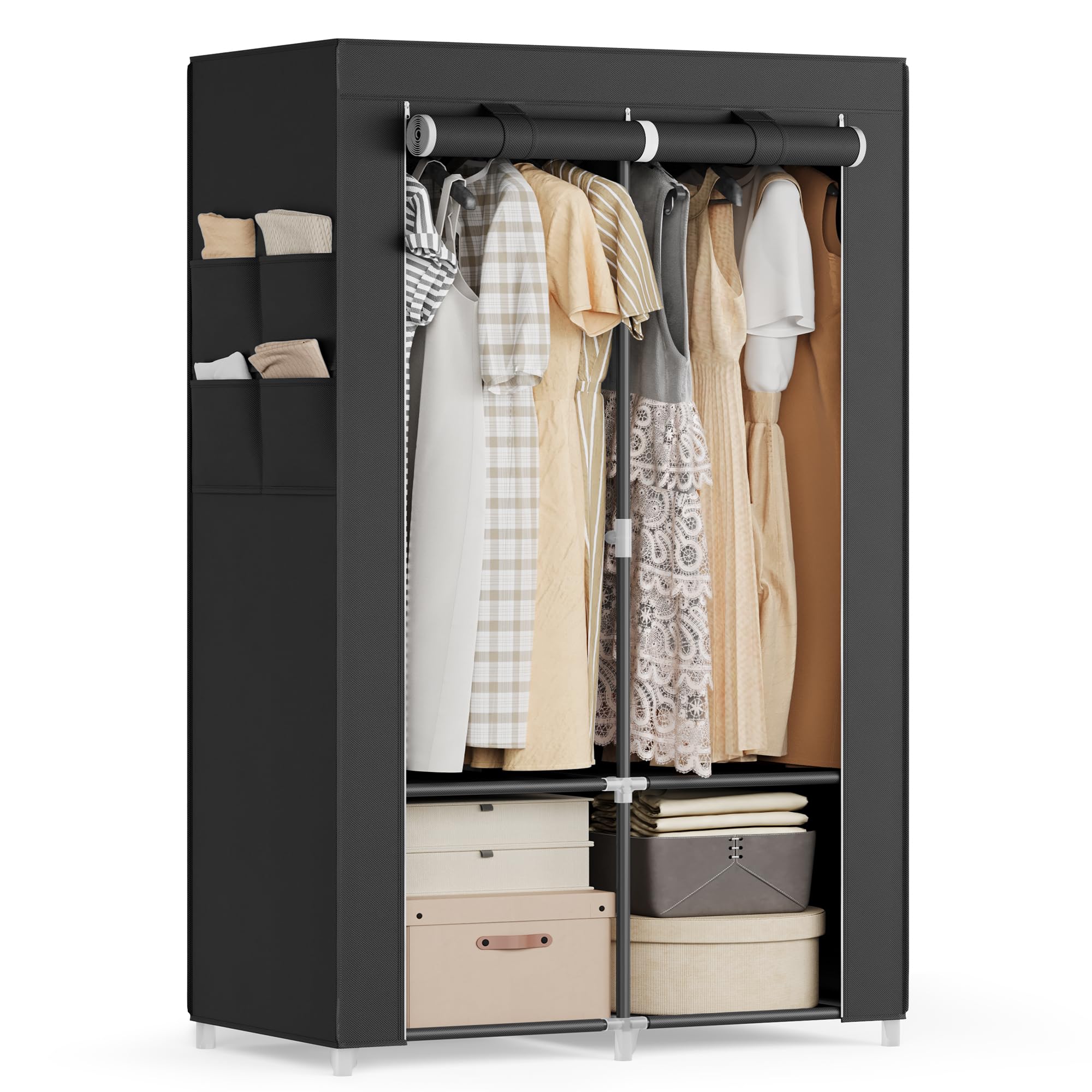 SONGMICS Portable Fabric Wardrobe – 2 Hanging Rails & 4 Side Pockets