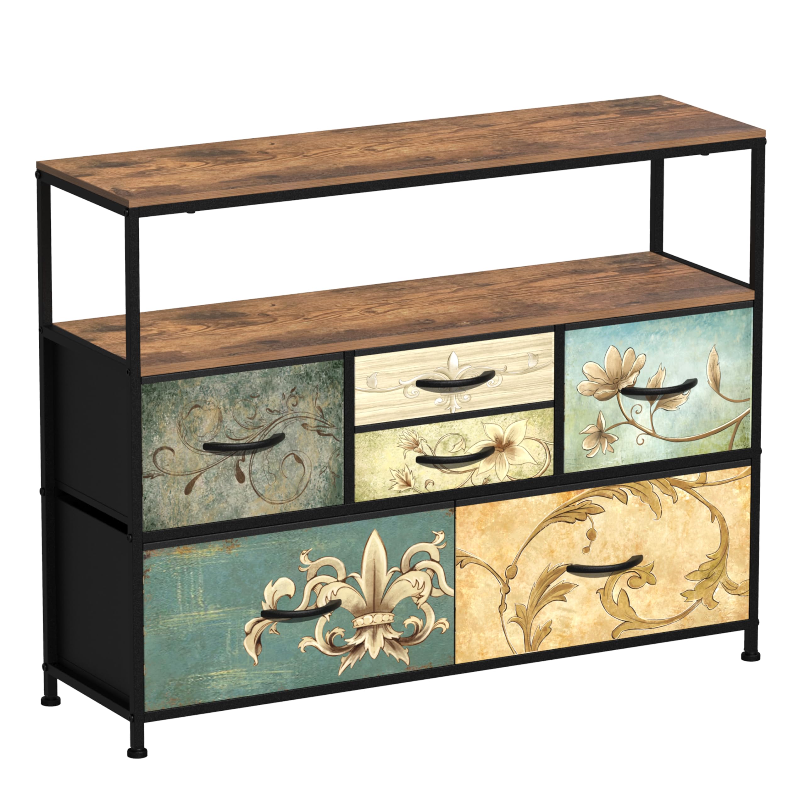 VEDECASA 6 Drawer Dresser – Retro Fabric Chest of Drawers with Open Shelf